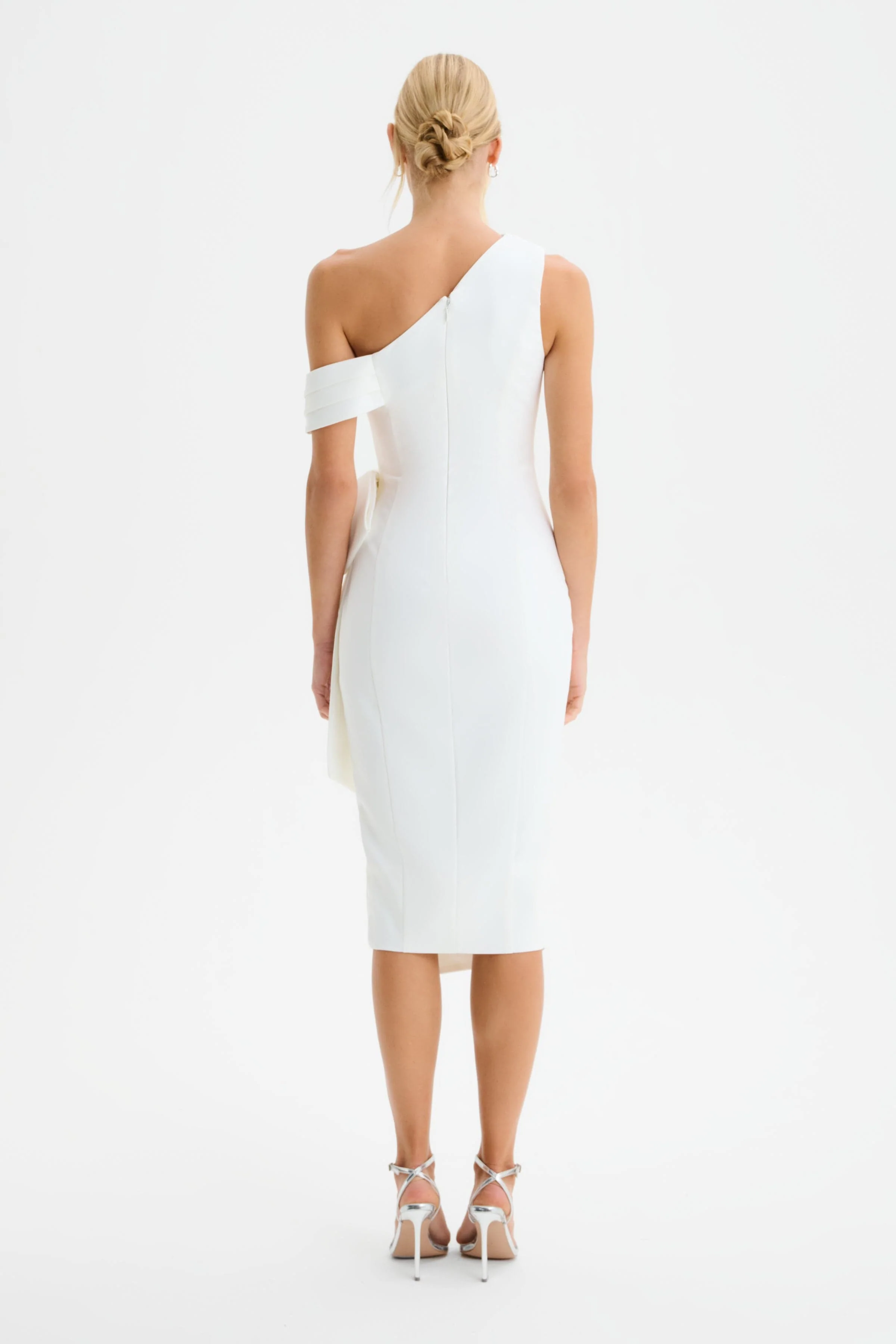 HONEY One Shoulder Pleated Bow Midi Dress in White - Image 5