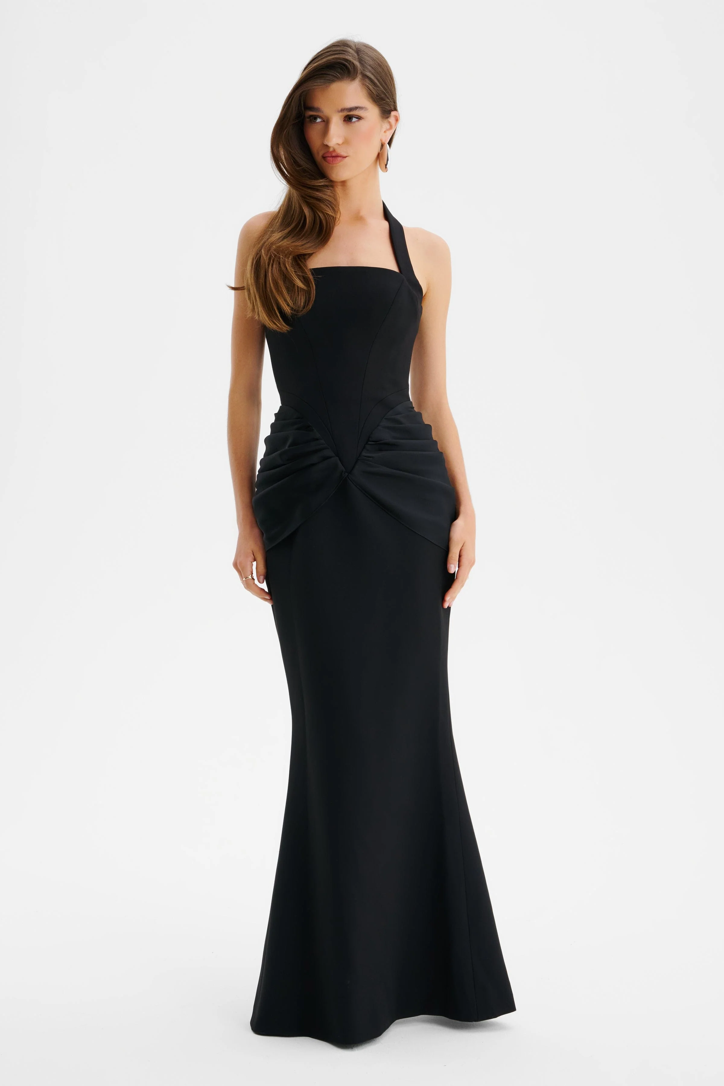 ISABEAU Square Neck Maxi Dress With Satin Drape Detail In Black - Image 2