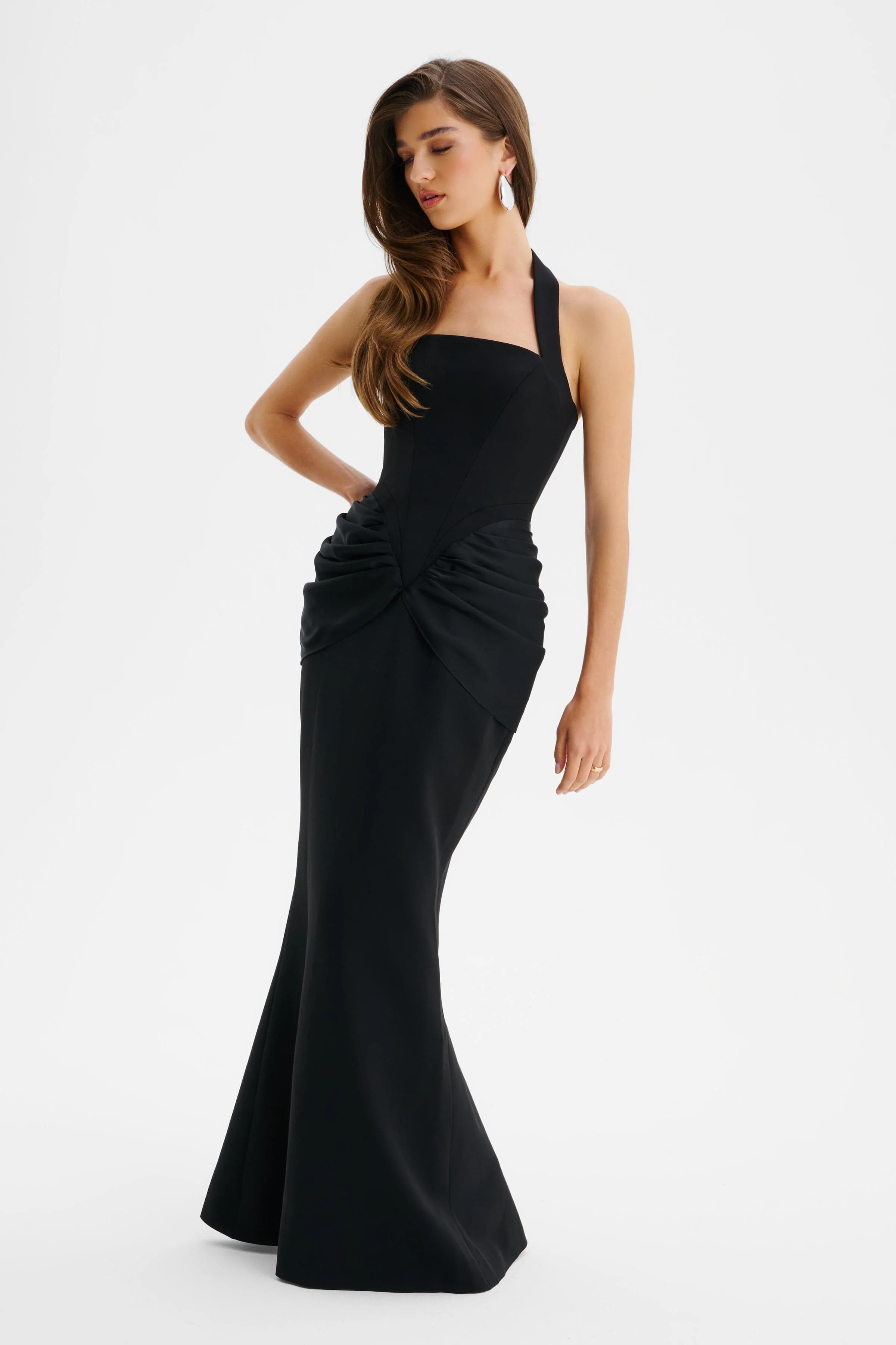 ISABEAU Square Neck Maxi Dress With Satin Drape Detail In Black - Image 4