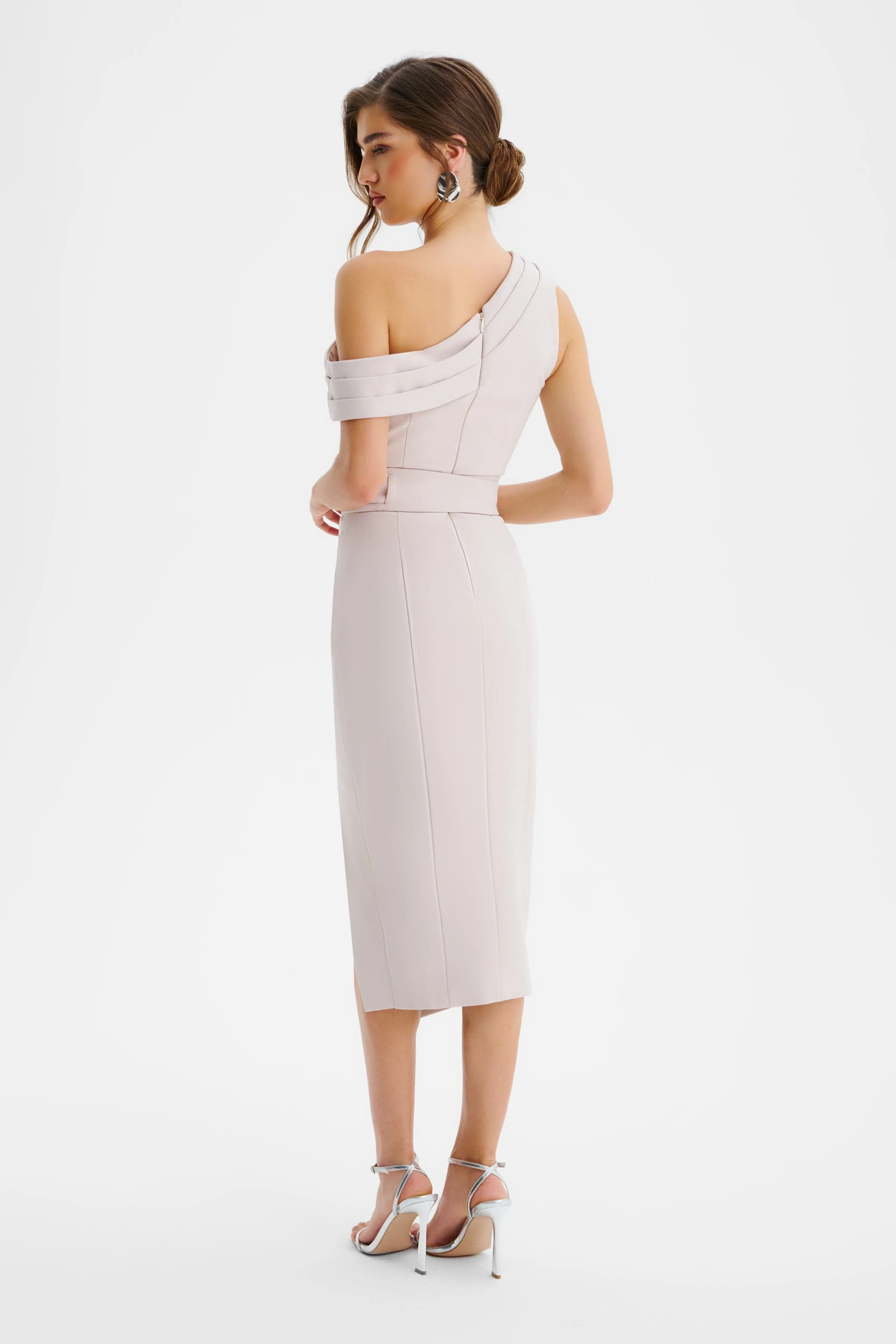 JESSICA Off Shoulder Pleated Obi Belted Midi Dress in Champagne - Image 4