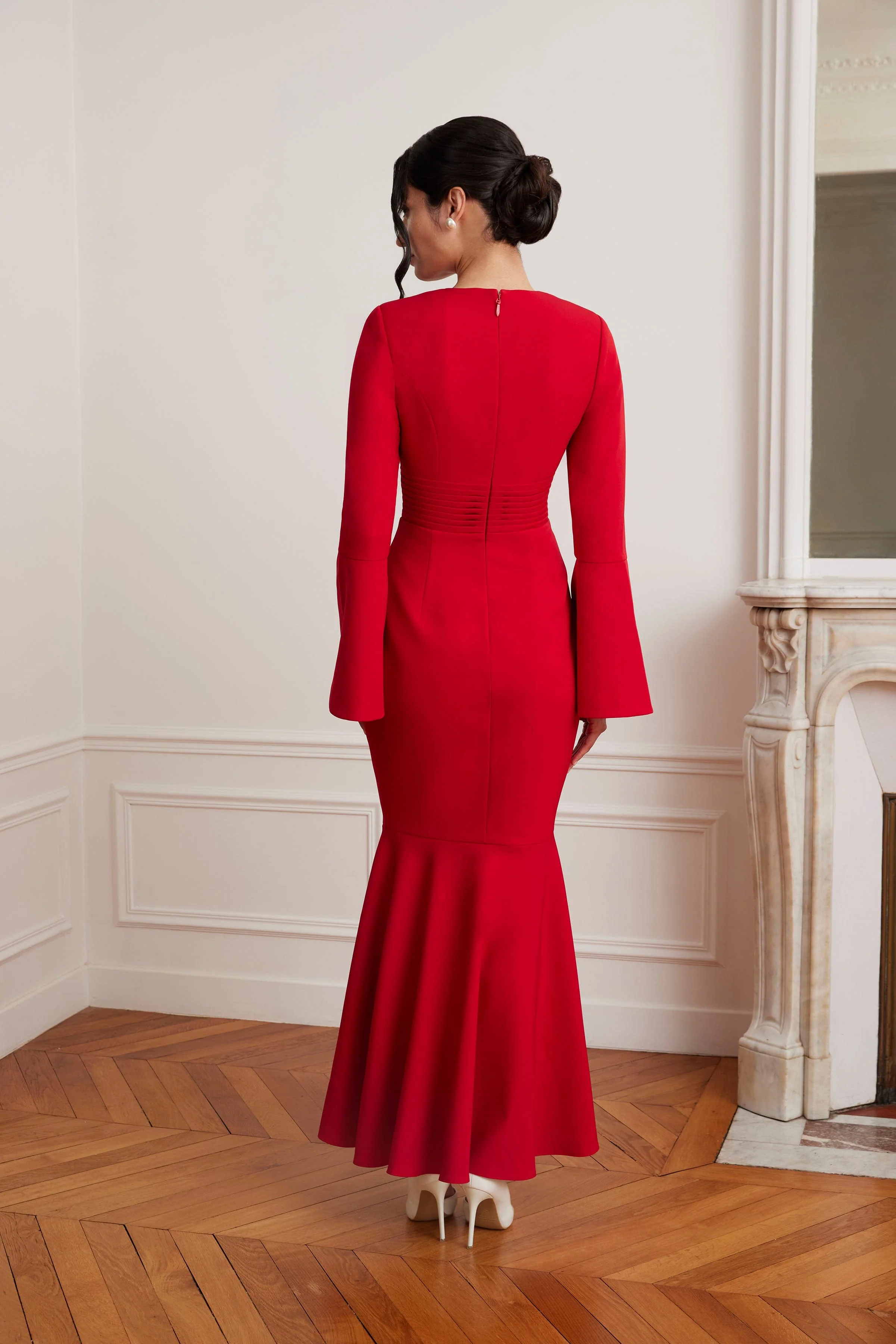 JOSIE Fluted Sleeve Fishtail Maxi Dress in Red - Image 4