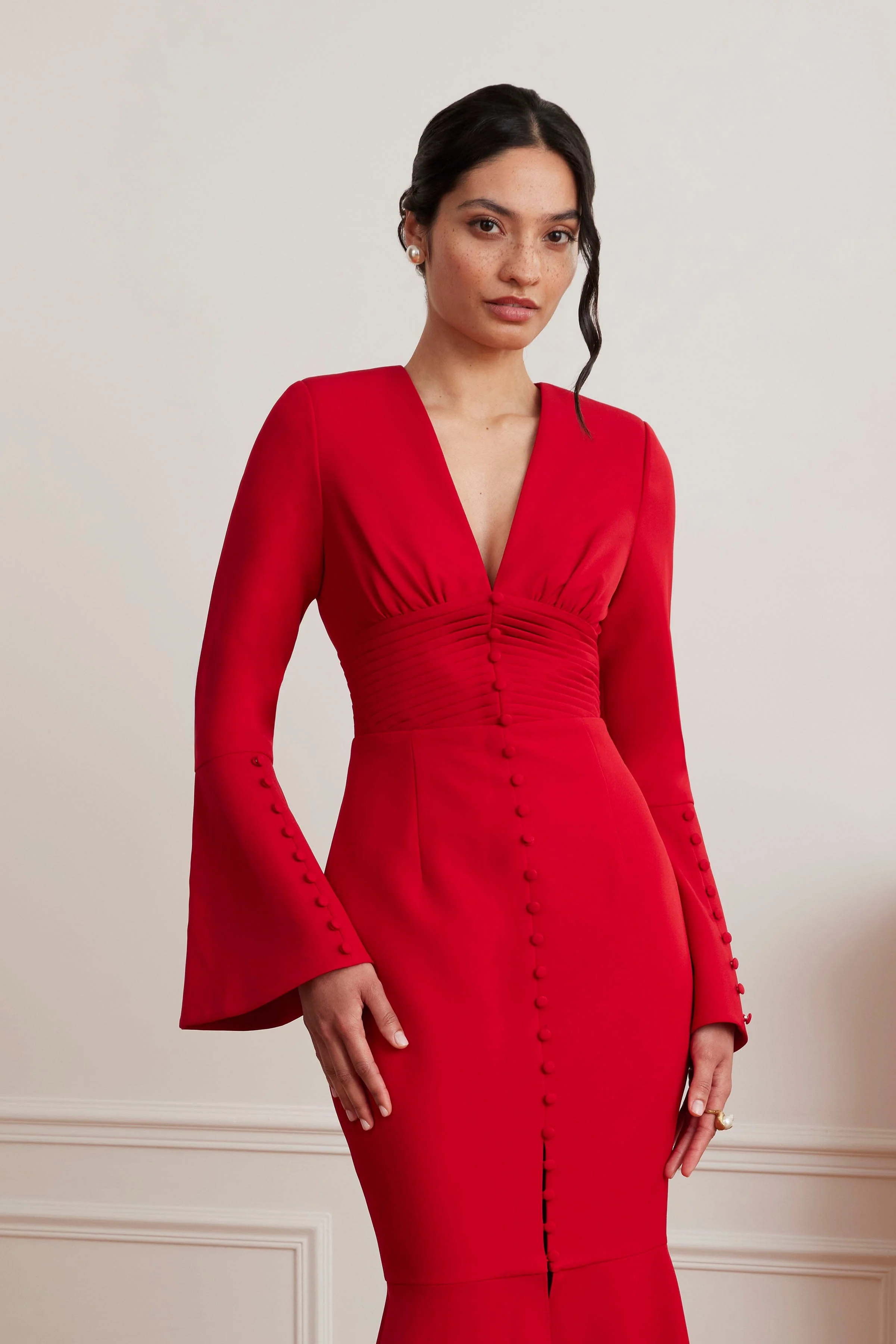 JOSIE Fluted Sleeve Fishtail Maxi Dress in Red - Image 5