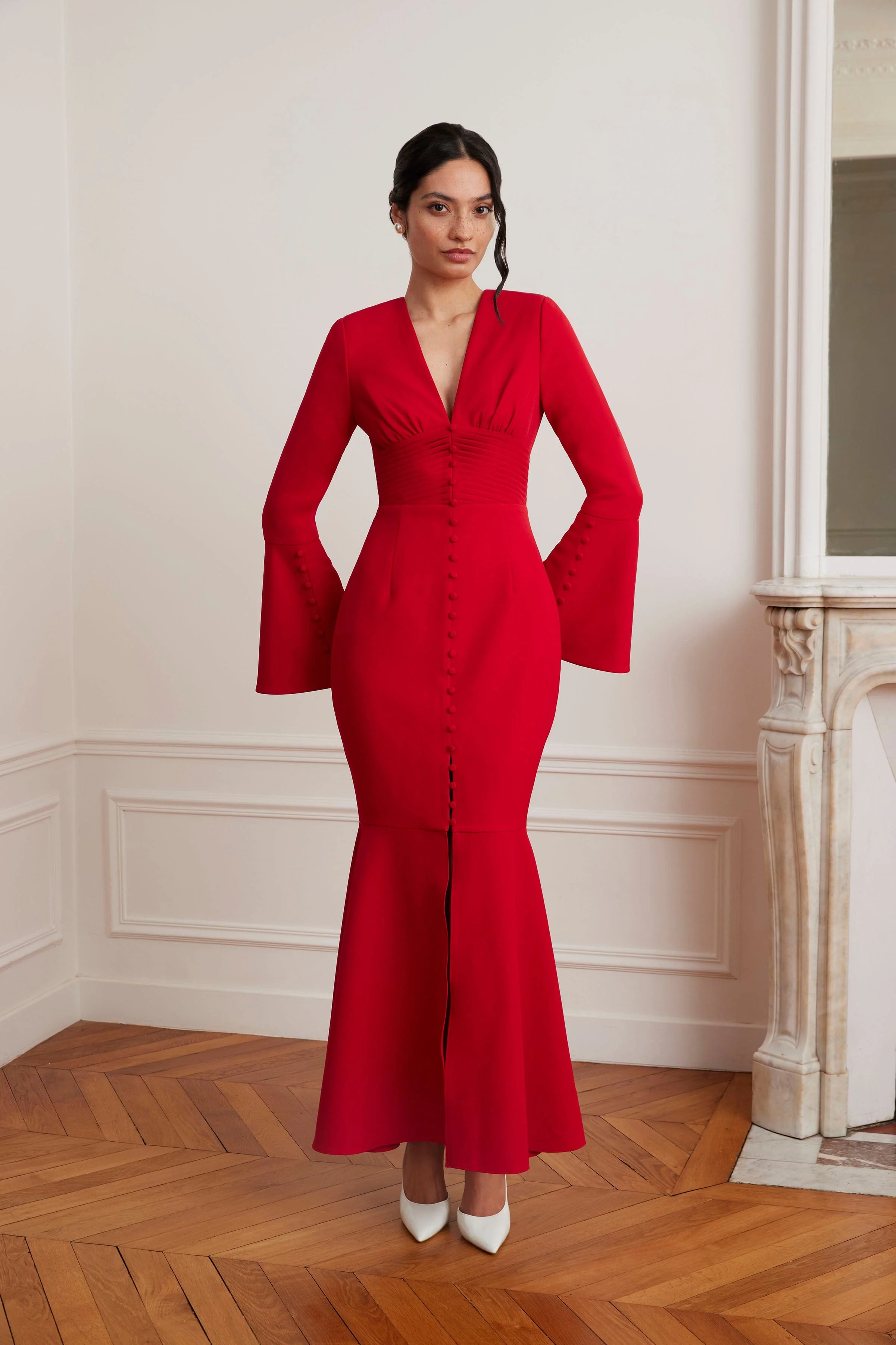 JOSIE Fluted Sleeve Fishtail Maxi Dress in Red - Image 6