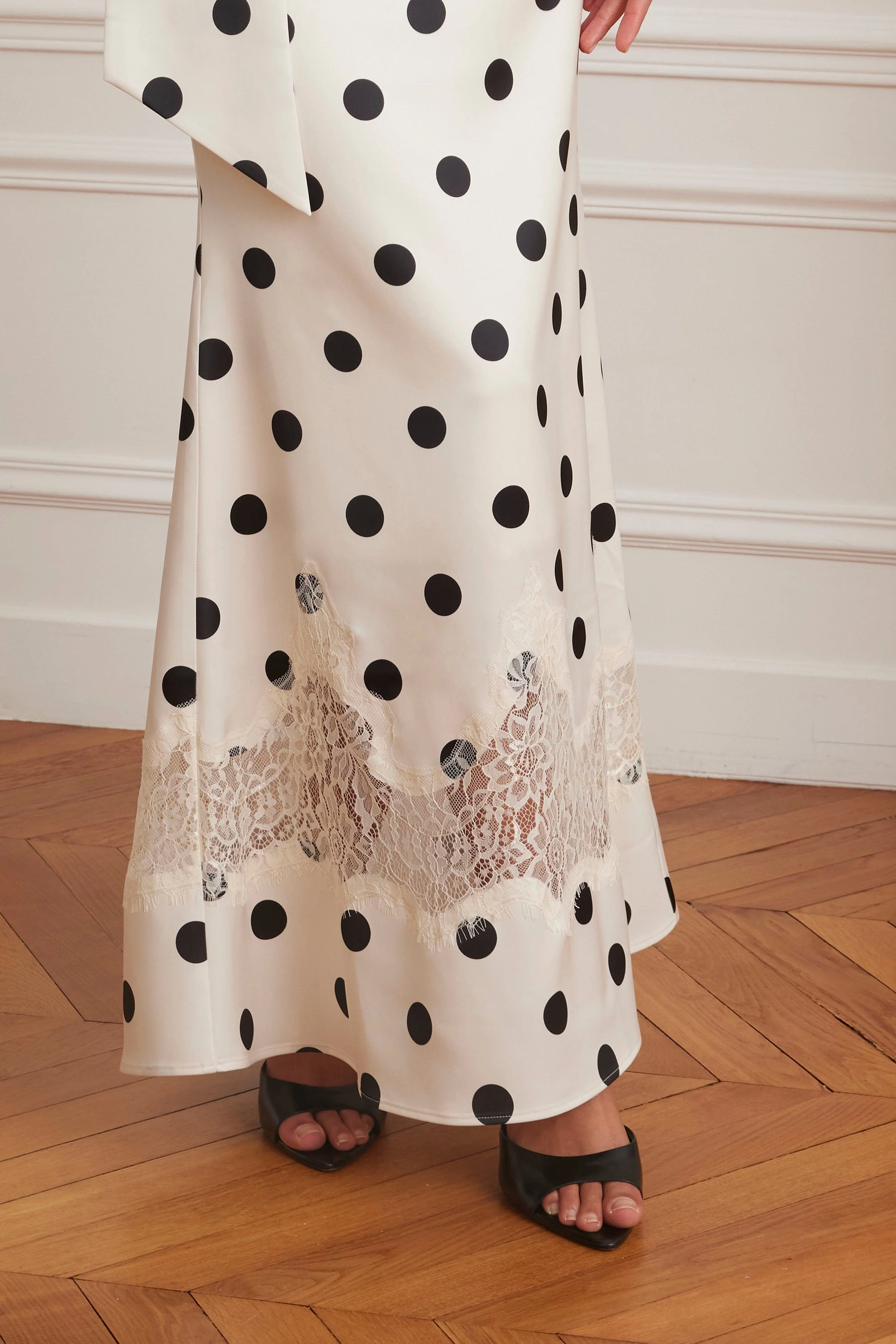 JULIANA Satin Scarf Neck Maxi Dress With Lace Insert In Polka Dot Print - Image 3