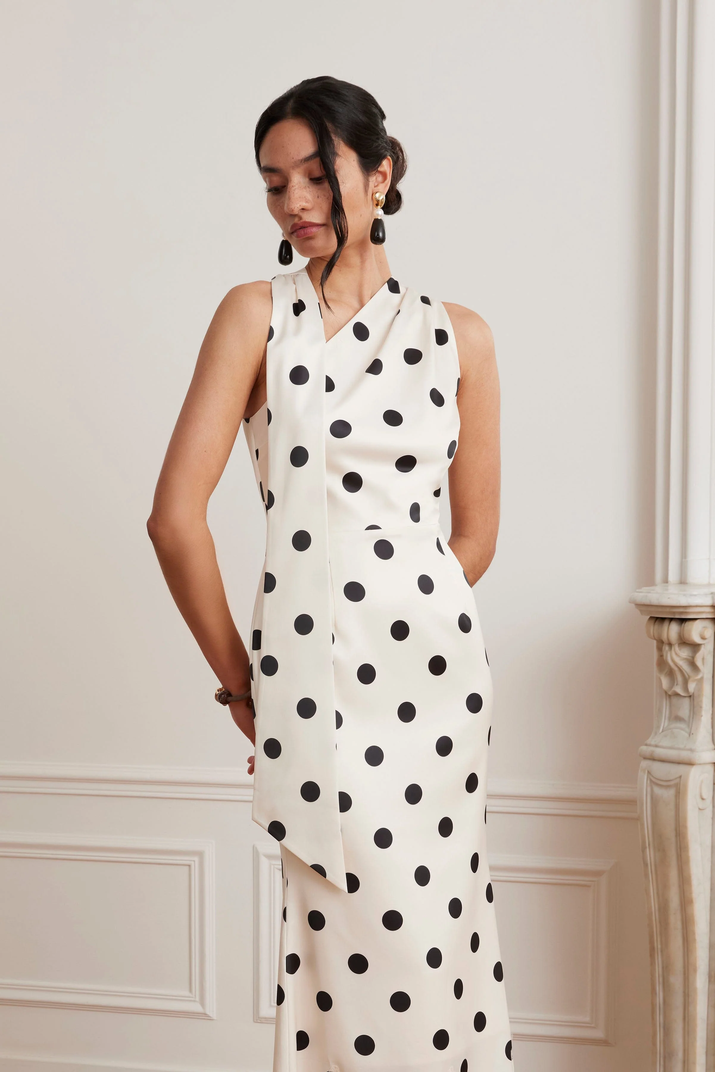 JULIANA Satin Scarf Neck Maxi Dress With Lace Insert In Polka Dot Print - Image 5