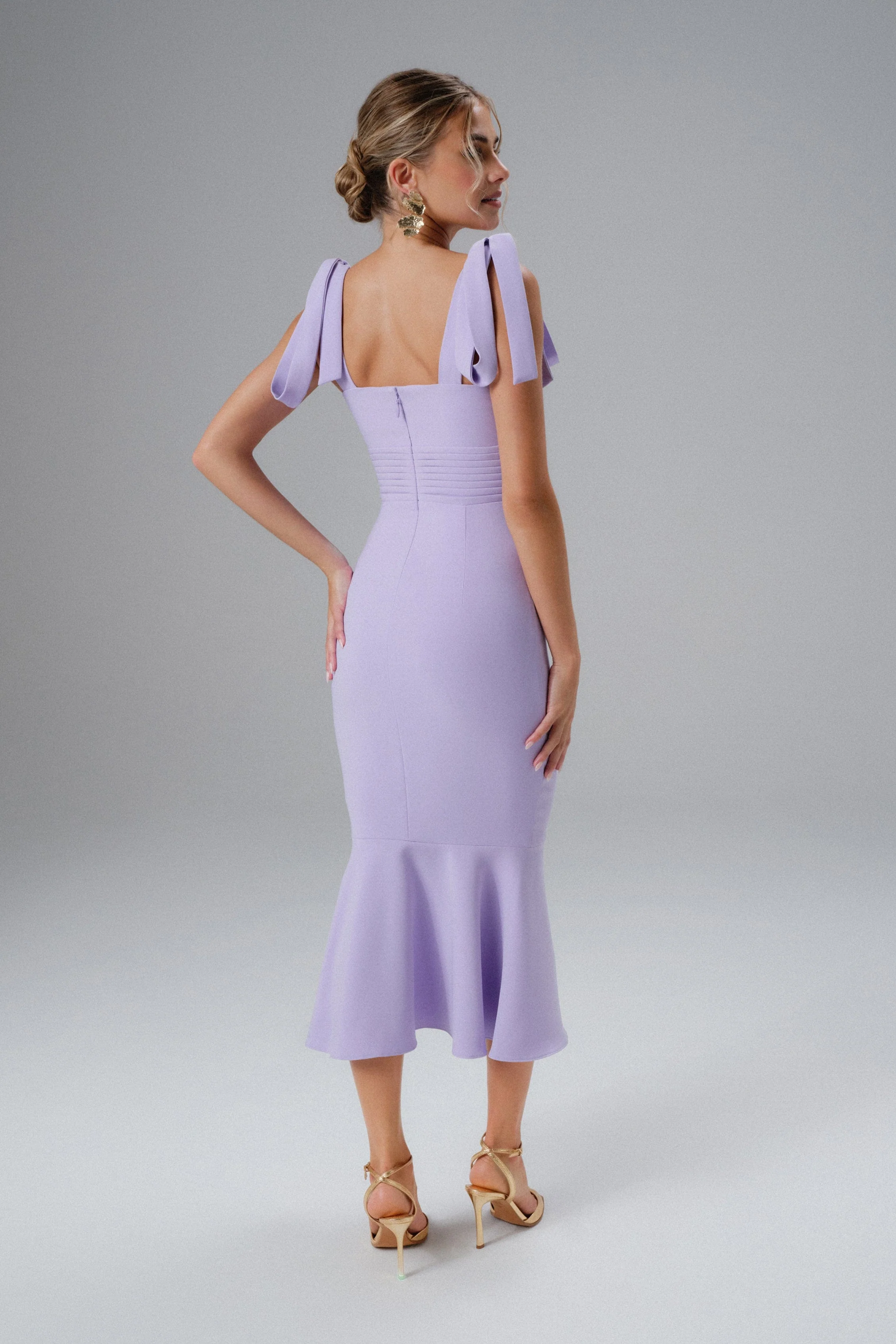 KAMILA Tie Strap Micro Shell Button Midi Dress in Lilac - Image 3