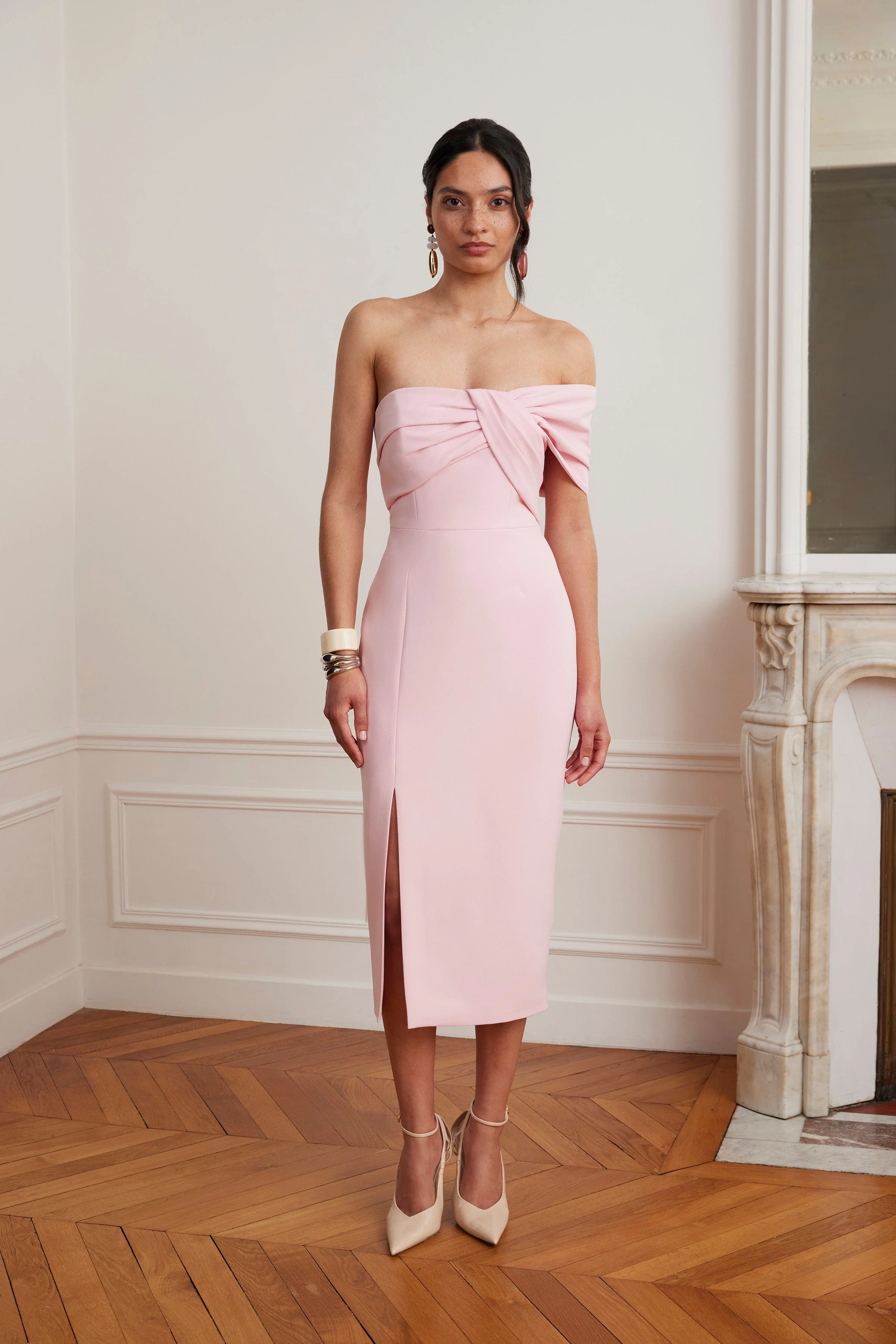 KARINA Off Shoulder Midi Dress In Pink - Image 5