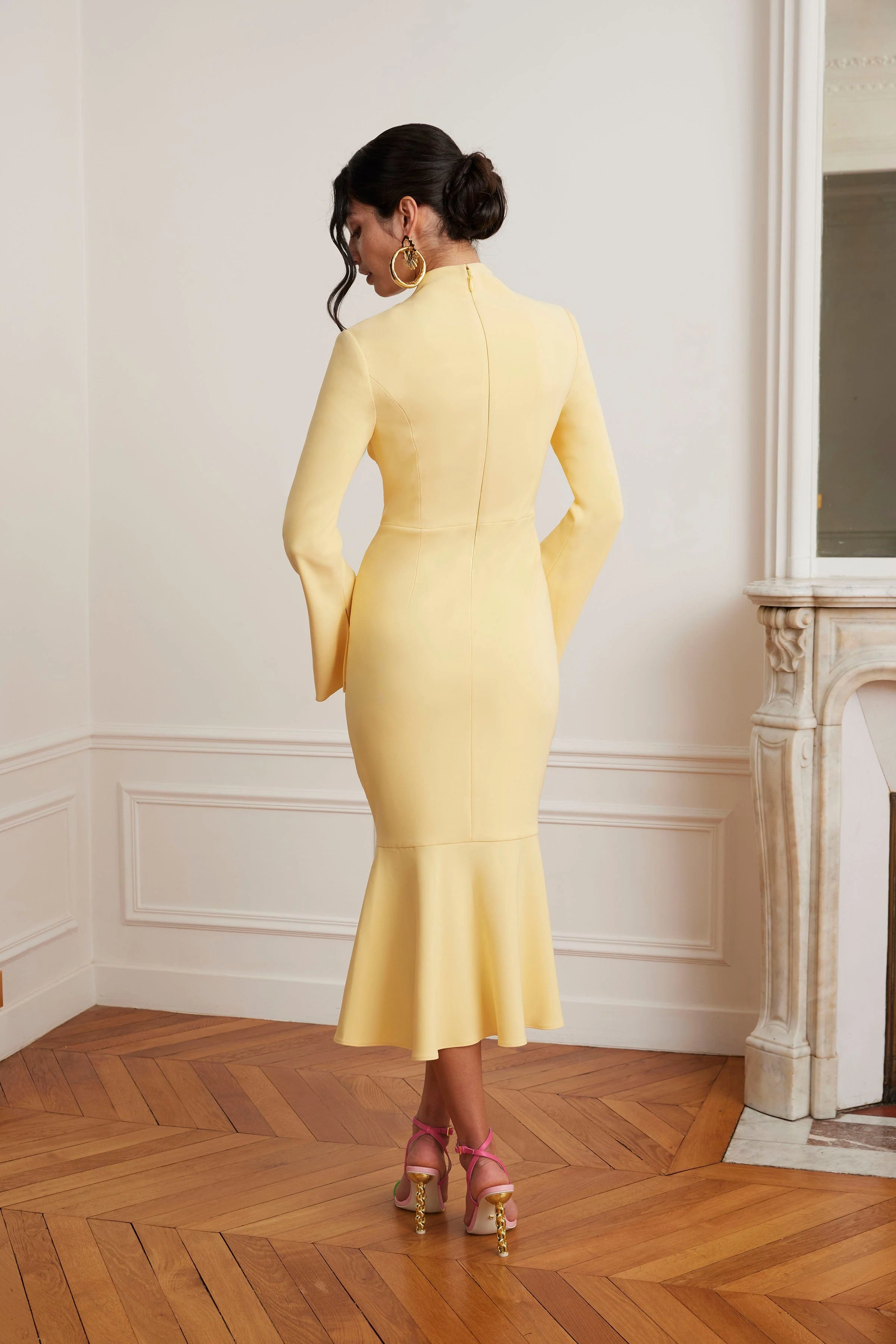 KIMORA Cross Over High Neck Fluted Midi Dress In Yellow - Image 3