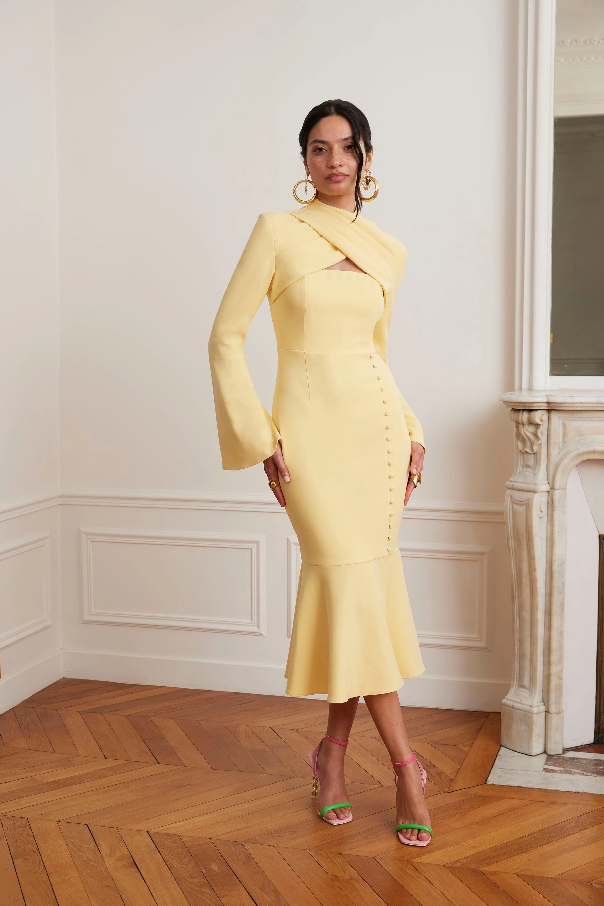 KIMORA Cross Over High Neck Fluted Midi Dress In Yellow - Image 4