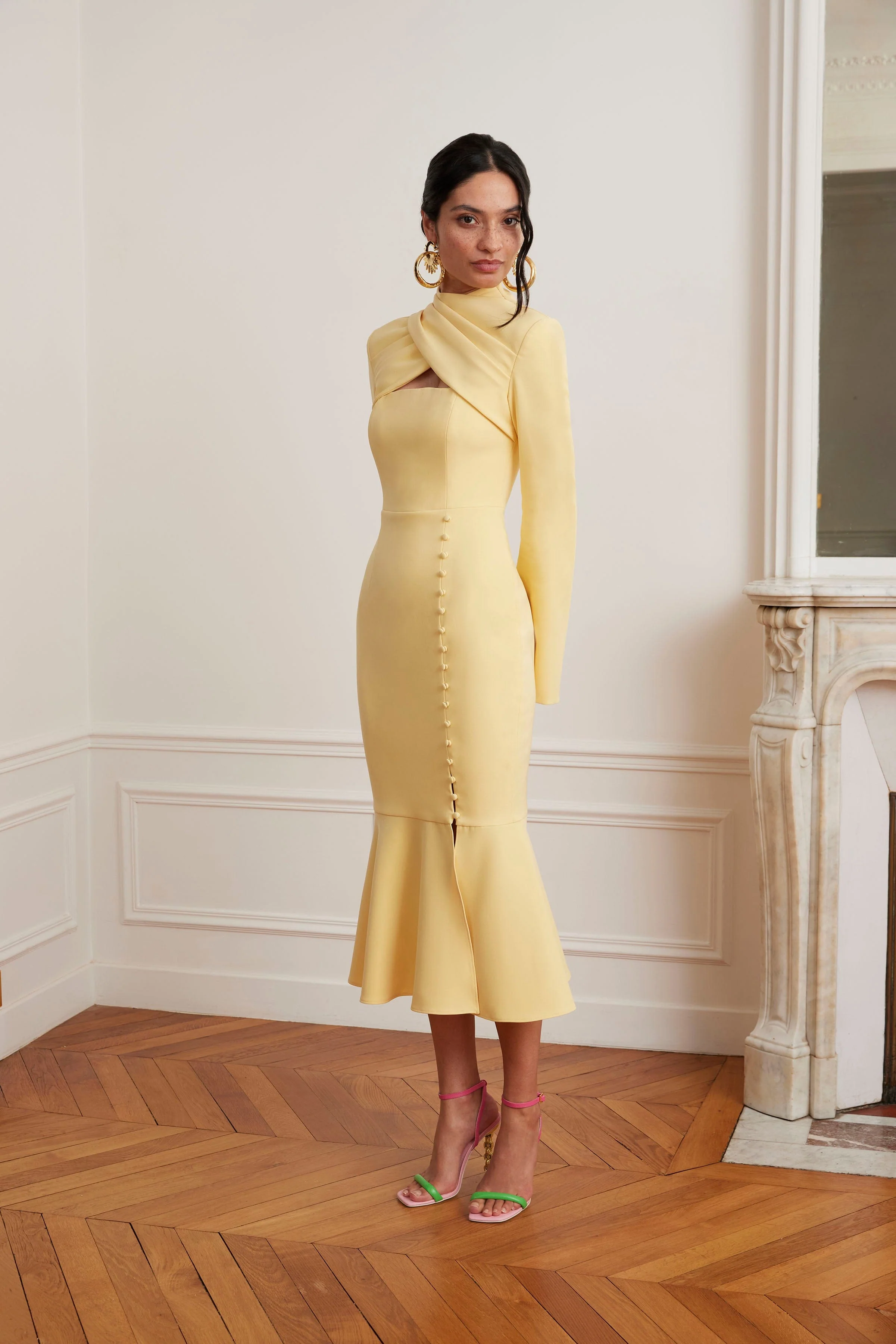 KIMORA Cross Over High Neck Fluted Midi Dress In Yellow - Image 5
