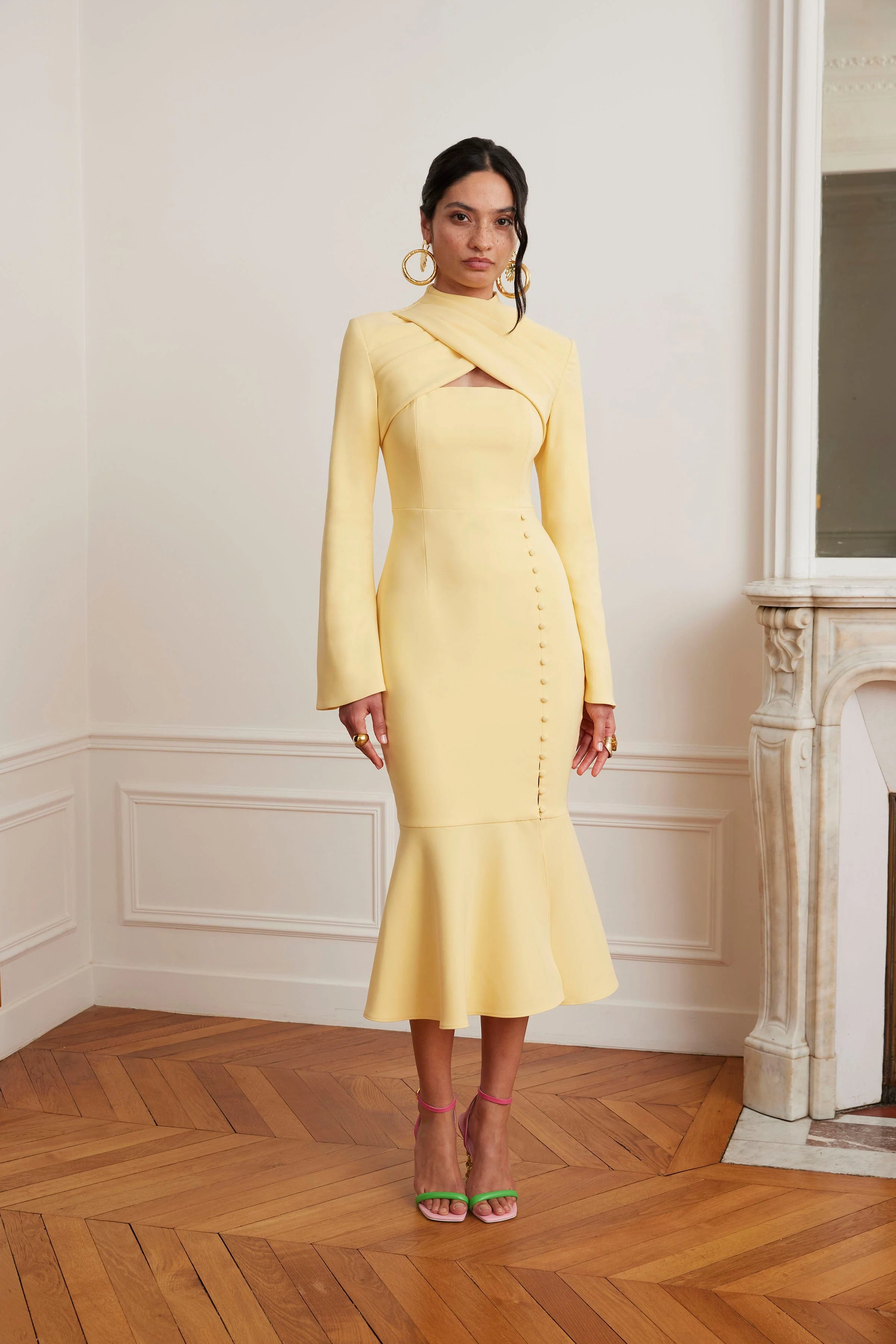 KIMORA Cross Over High Neck Fluted Midi Dress In Yellow - Image 6