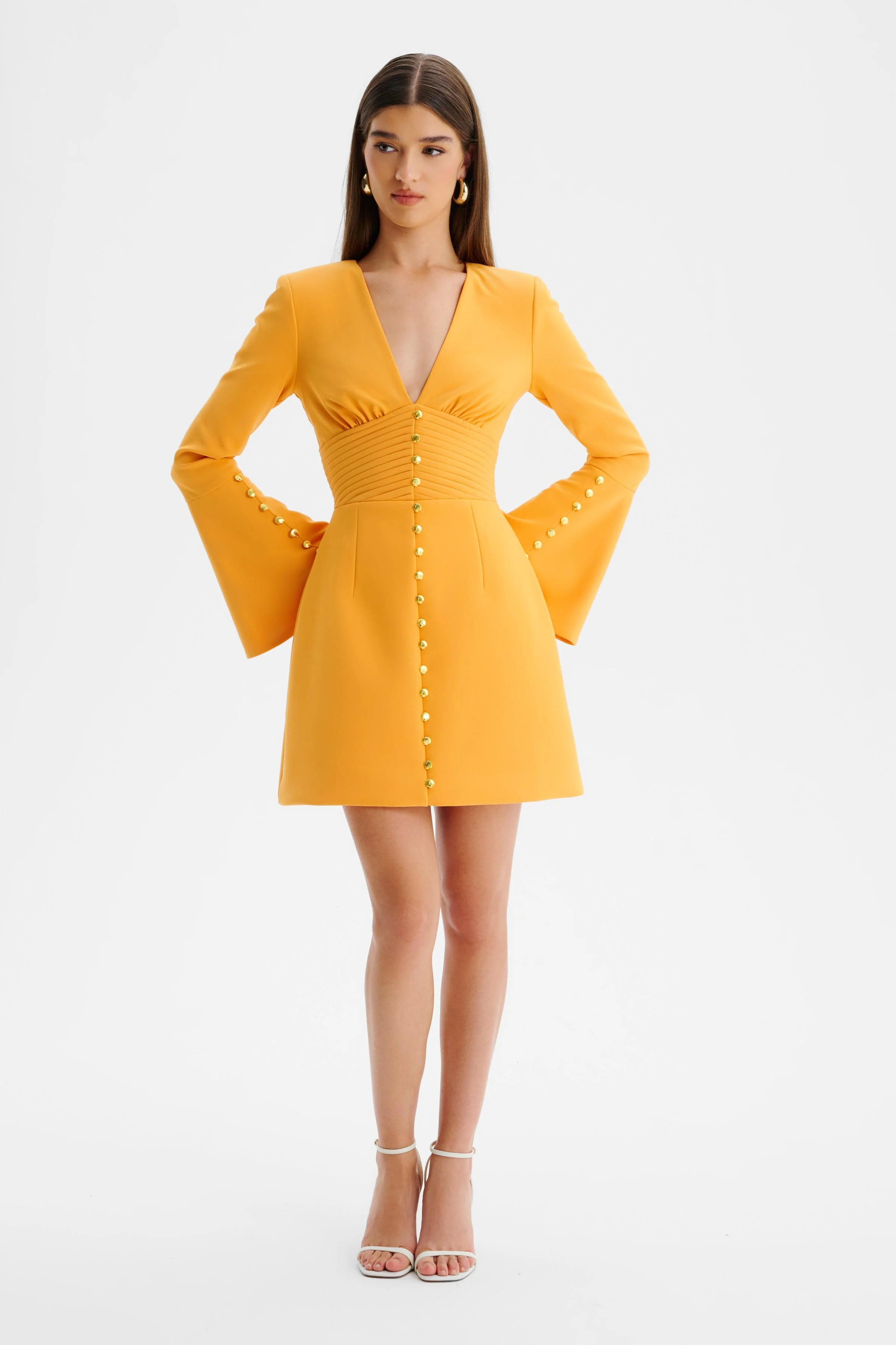 LARA Fluted Sleeve Micro Button Mini Dress in Orange - Image 3