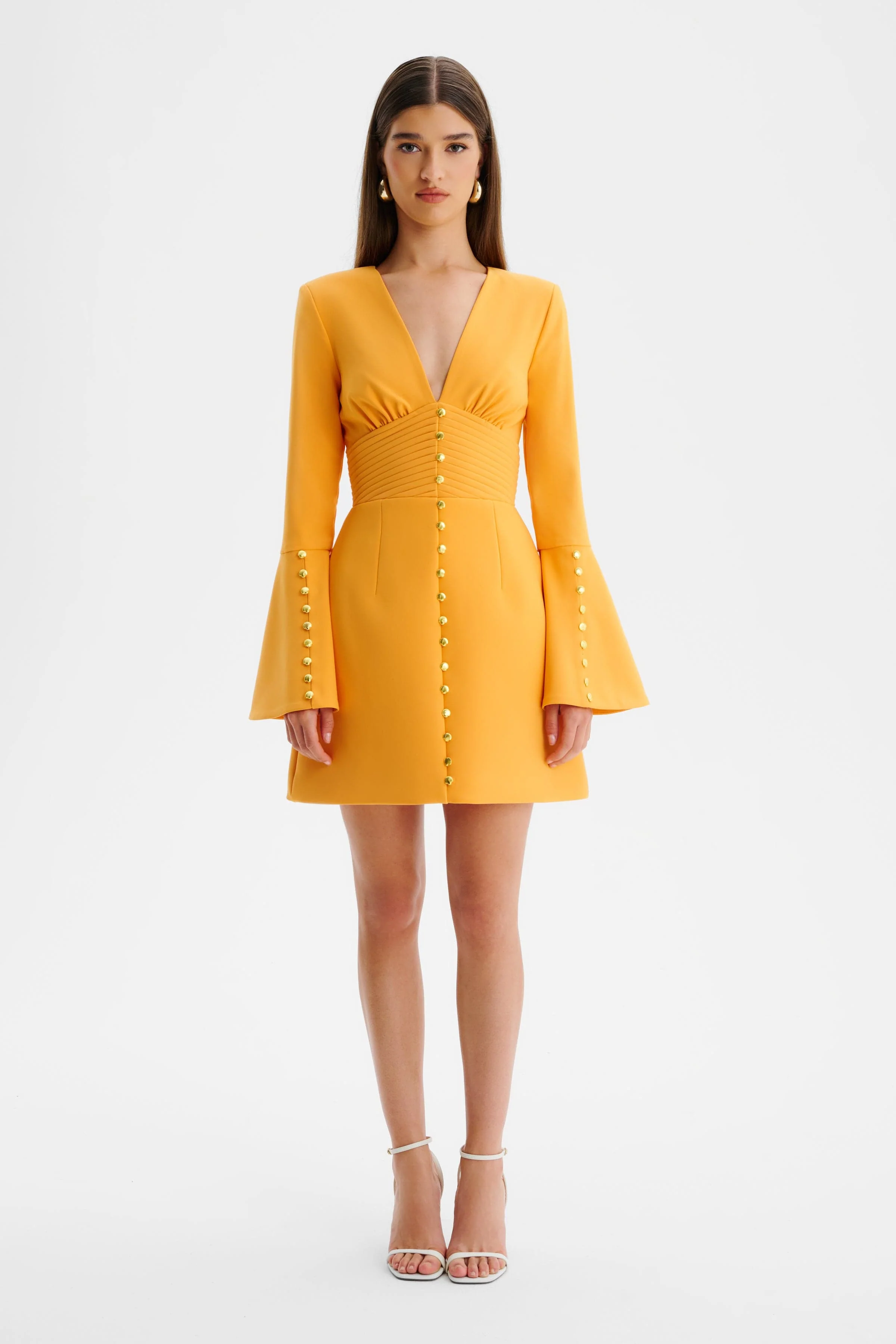 LARA Fluted Sleeve Micro Button Mini Dress in Orange - Image 4