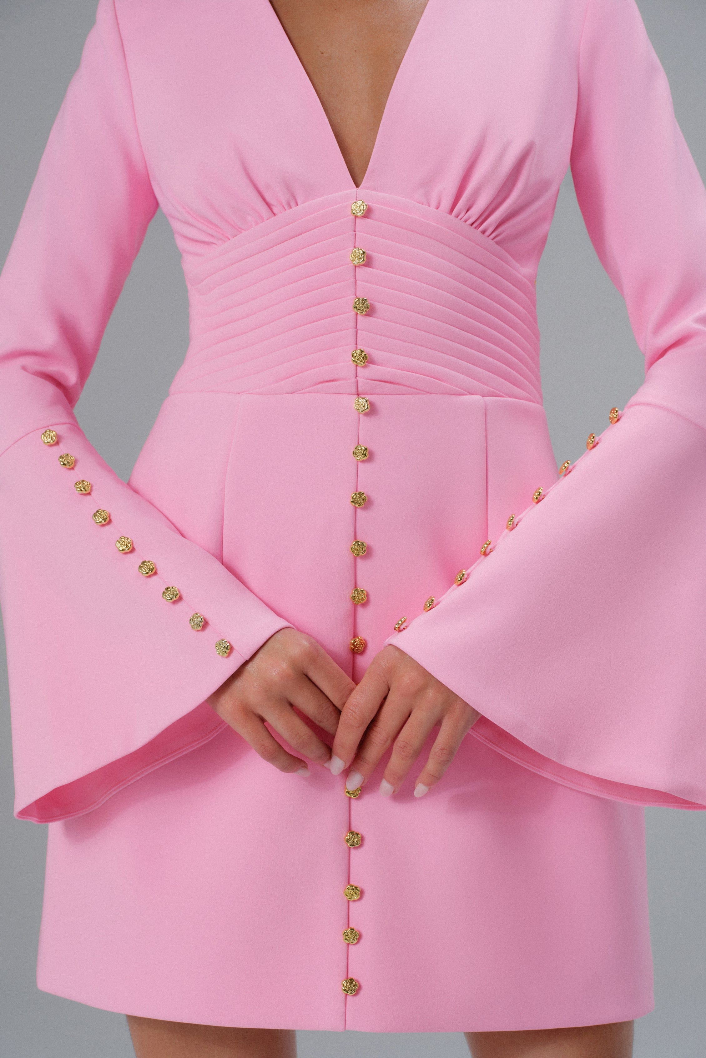 LARA Fluted Sleeve Micro Shell Button Mini Dress in Pink - Image 3