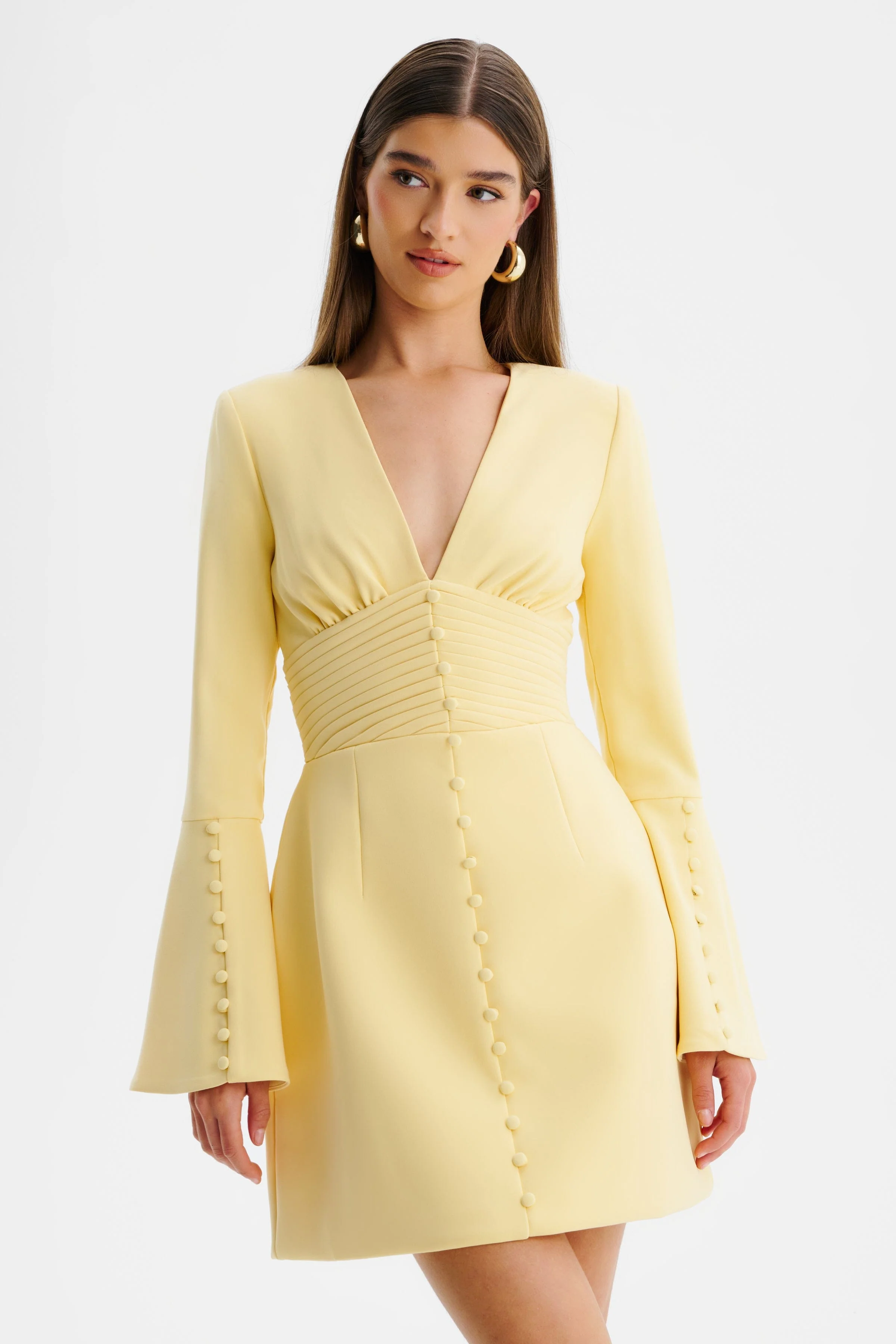 LARA Fluted Sleeve Micro Shell Button Mini Dress in Yellow - Image 3