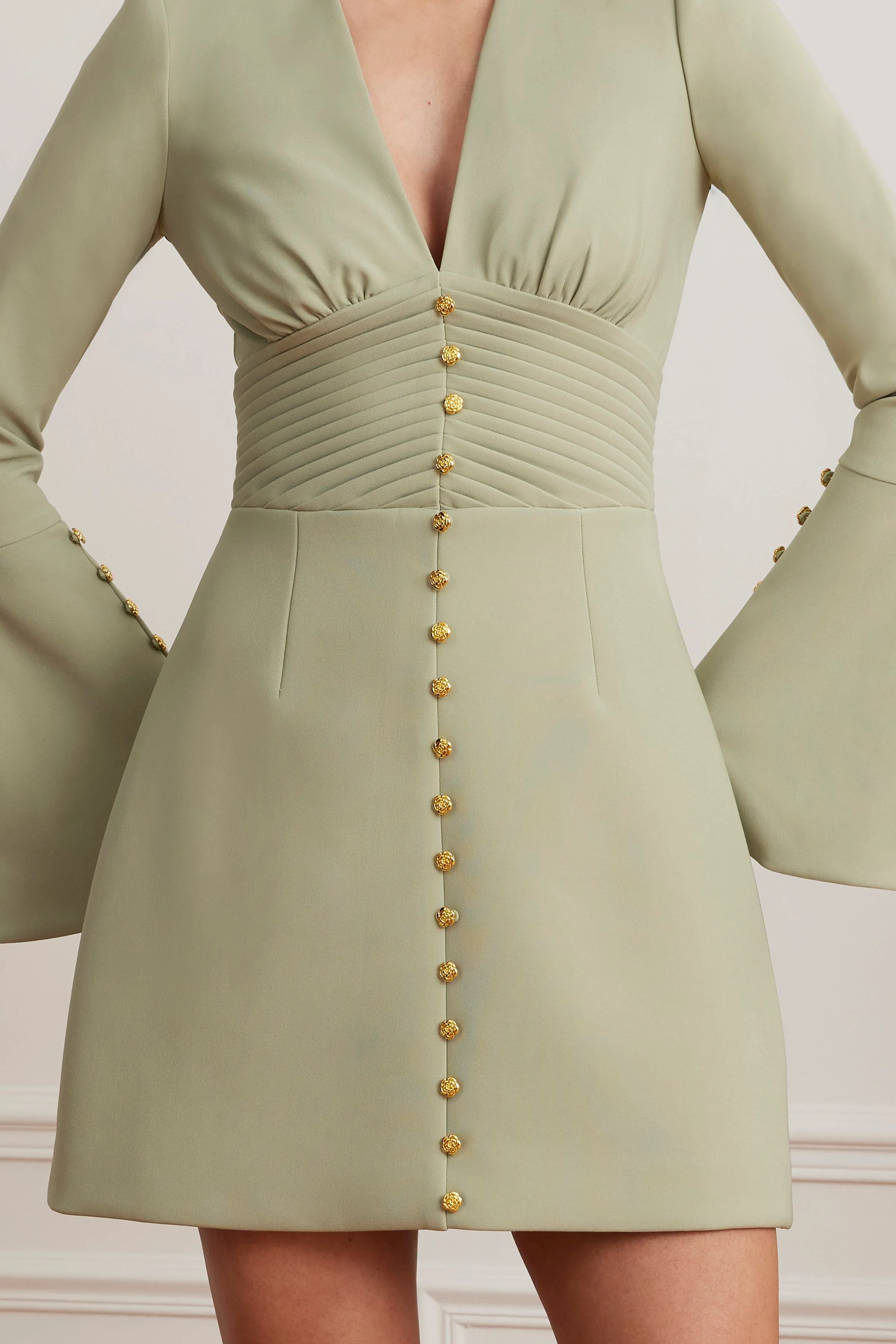 LARA Fluted Sleeve Rose Button Mini Tulip Dress In Sage Green - Image 4