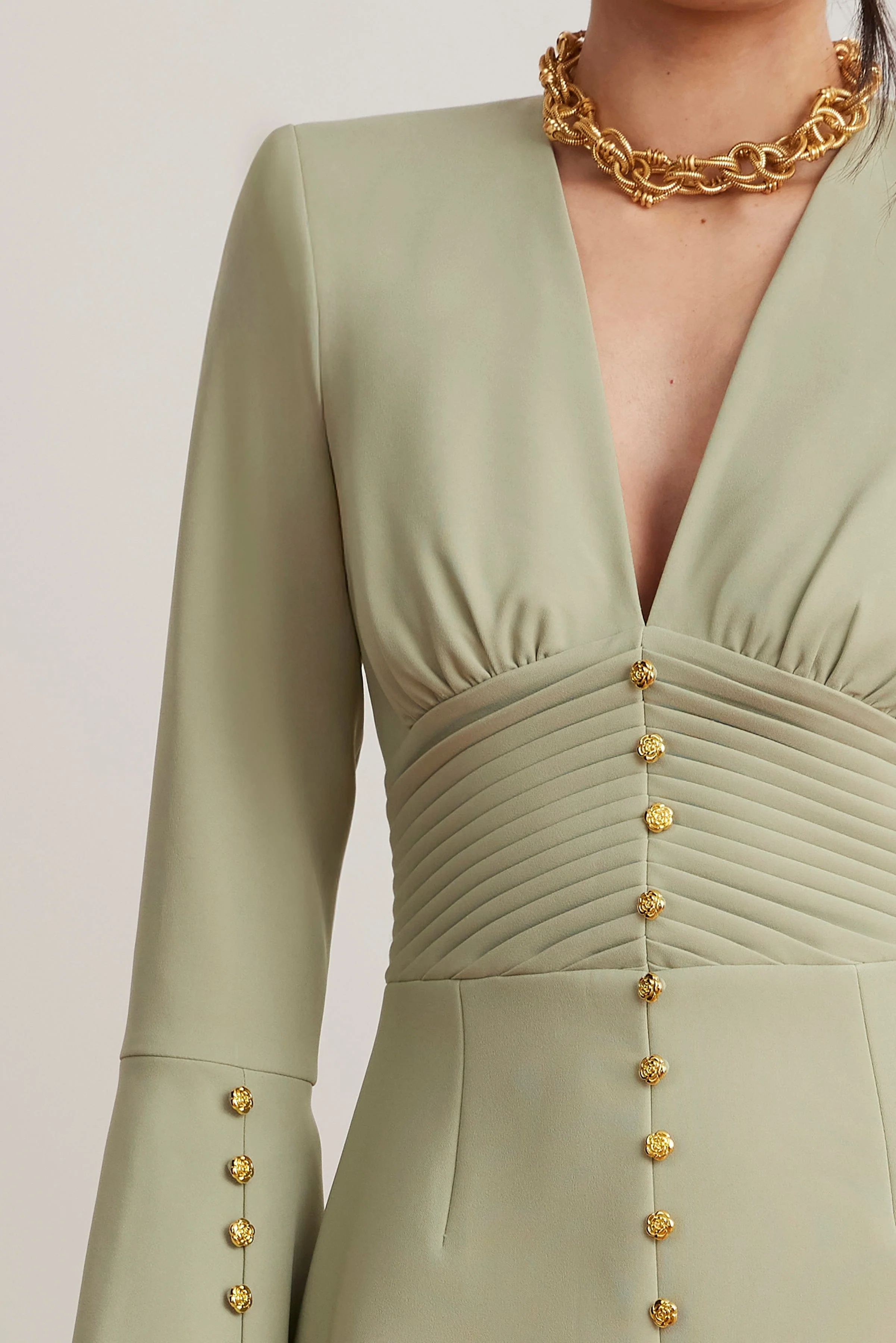 LARA Fluted Sleeve Rose Button Mini Tulip Dress In Sage Green - Image 5