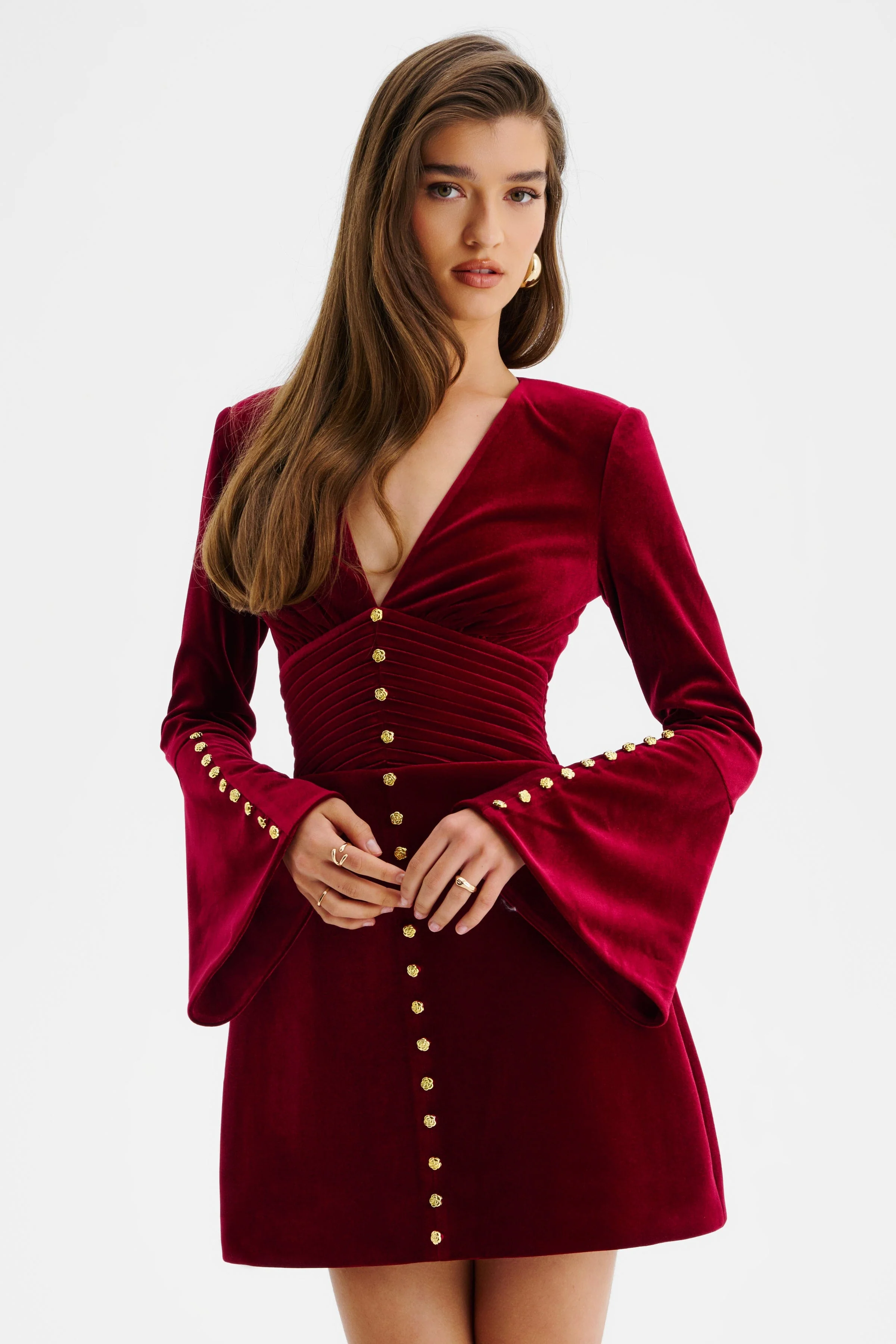 LARA Fluted Sleeve Rose Button Velvet Mini Dress In Burgundy - Image 3