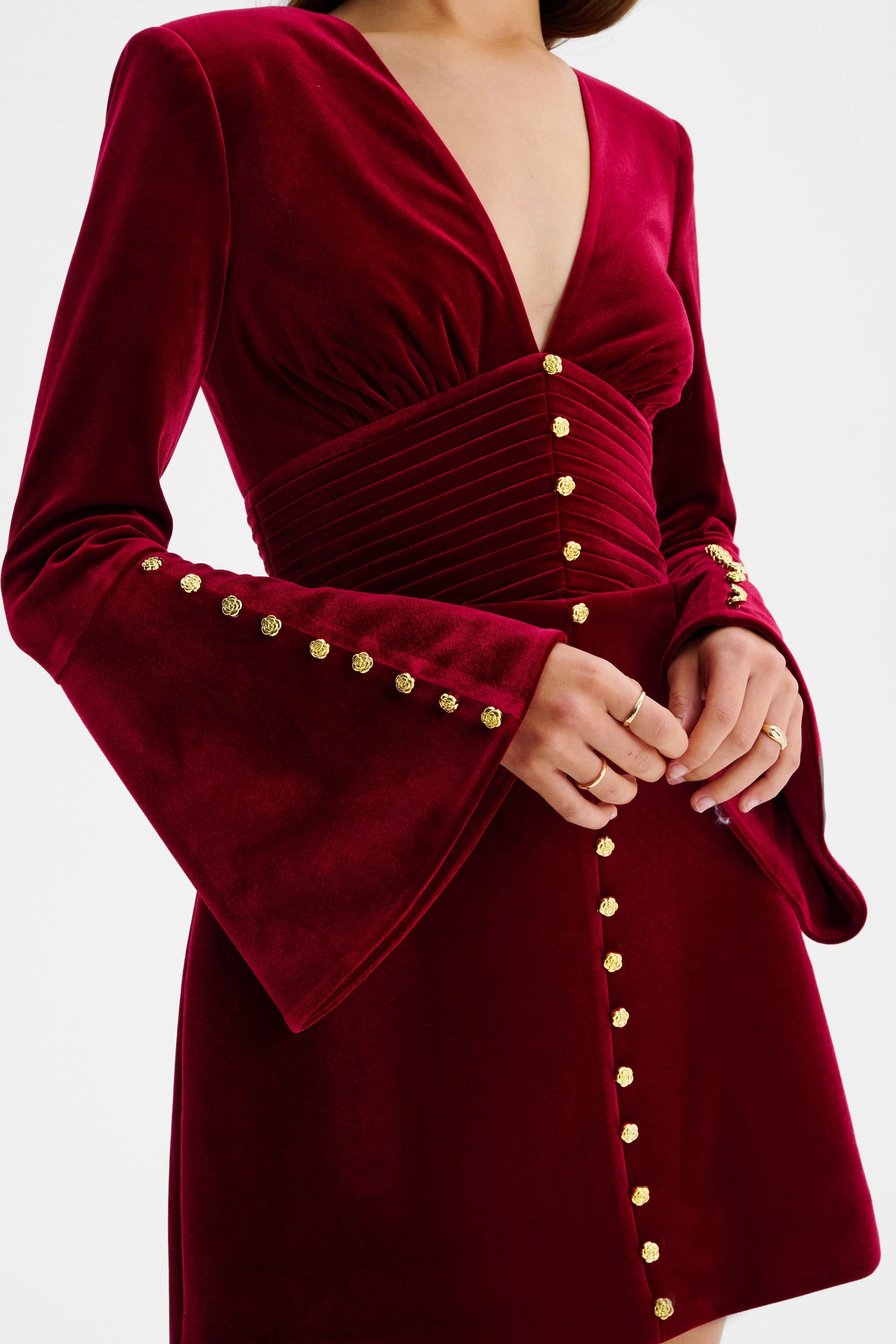LARA Fluted Sleeve Rose Button Velvet Mini Dress In Burgundy - Image 4