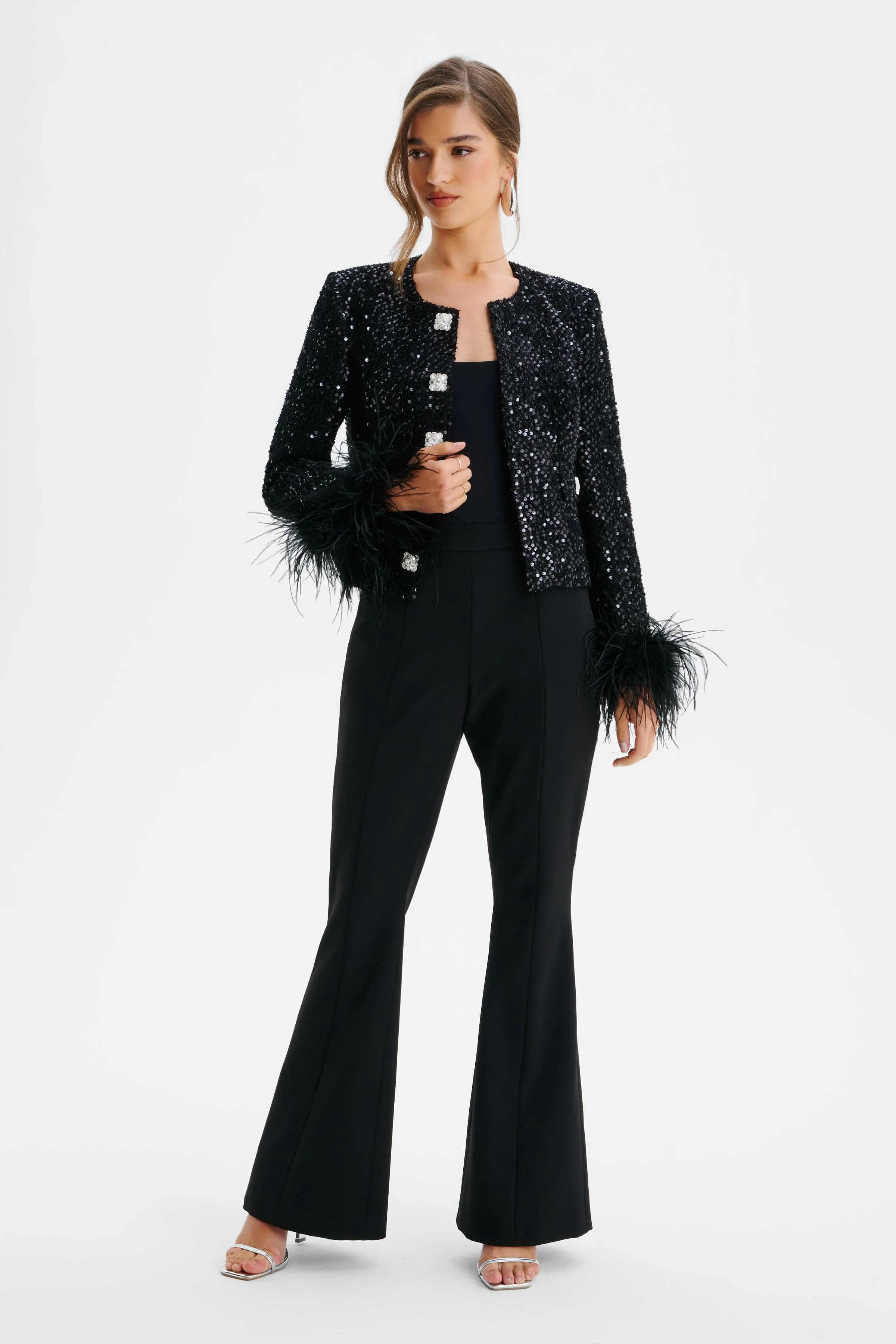 LARIA Sequin Boucle Jacket with Feather Cuffs in Black - Image 3