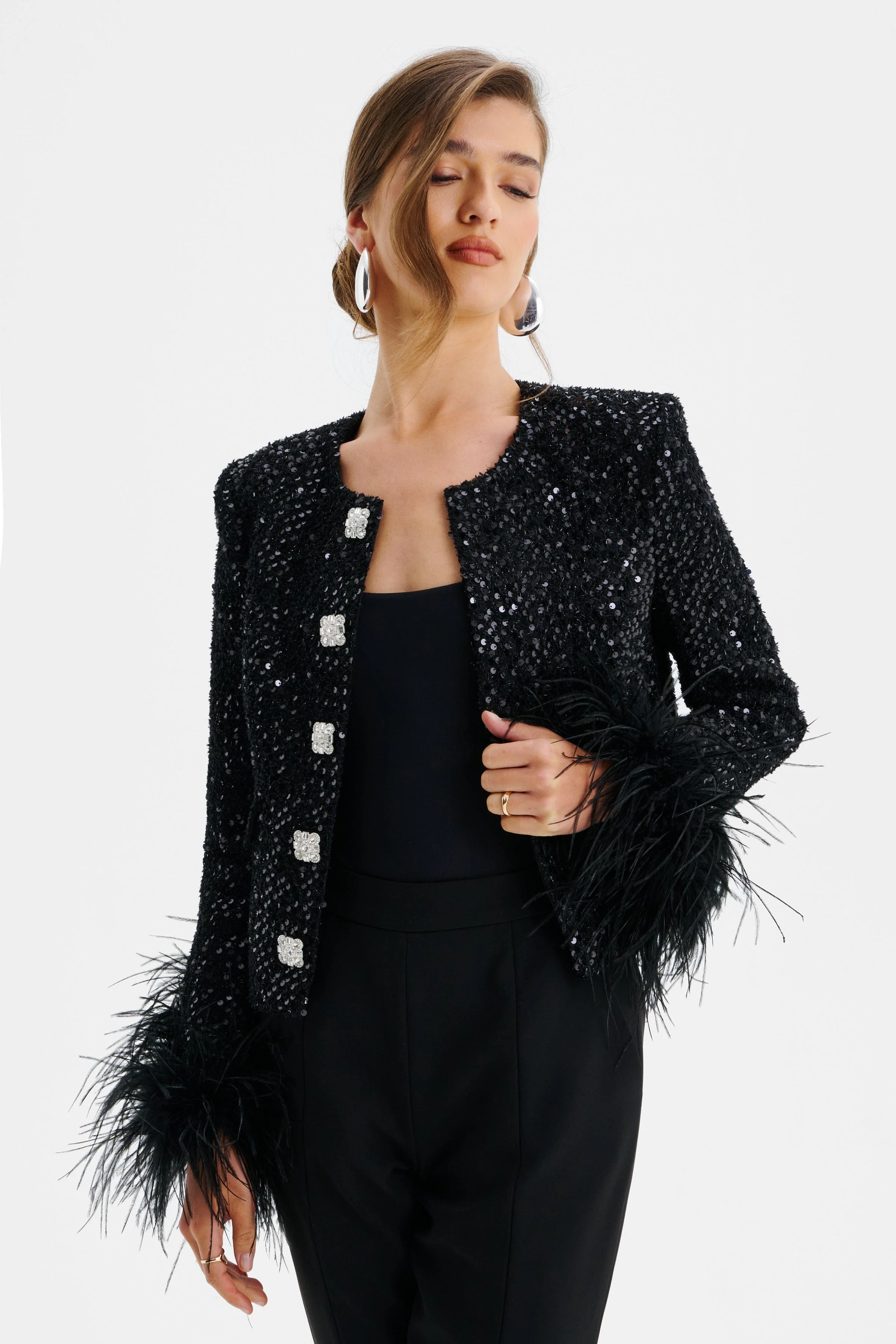 LARIA Sequin Boucle Jacket with Feather Cuffs in Black - Image 4