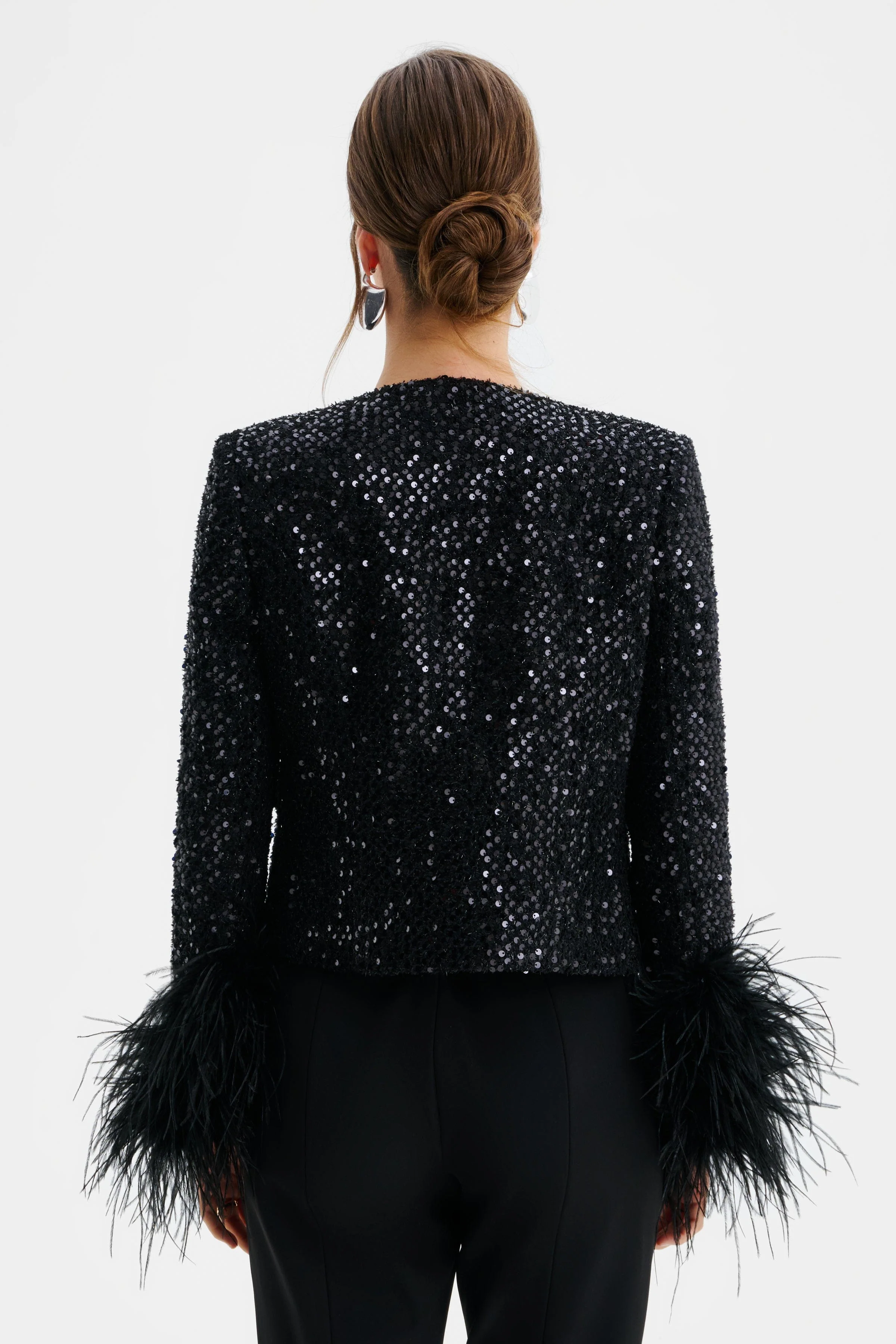 LARIA Sequin Boucle Jacket with Feather Cuffs in Black - Image 5