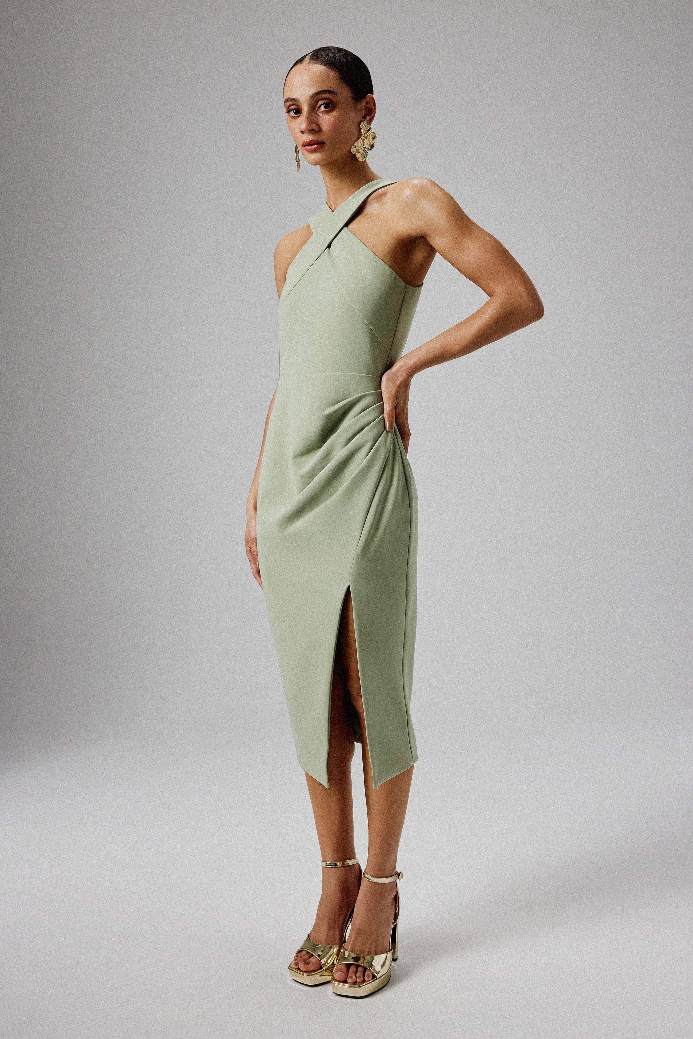 LENA Wrap Halterneck Midi Dress in Sage Green - Image 3