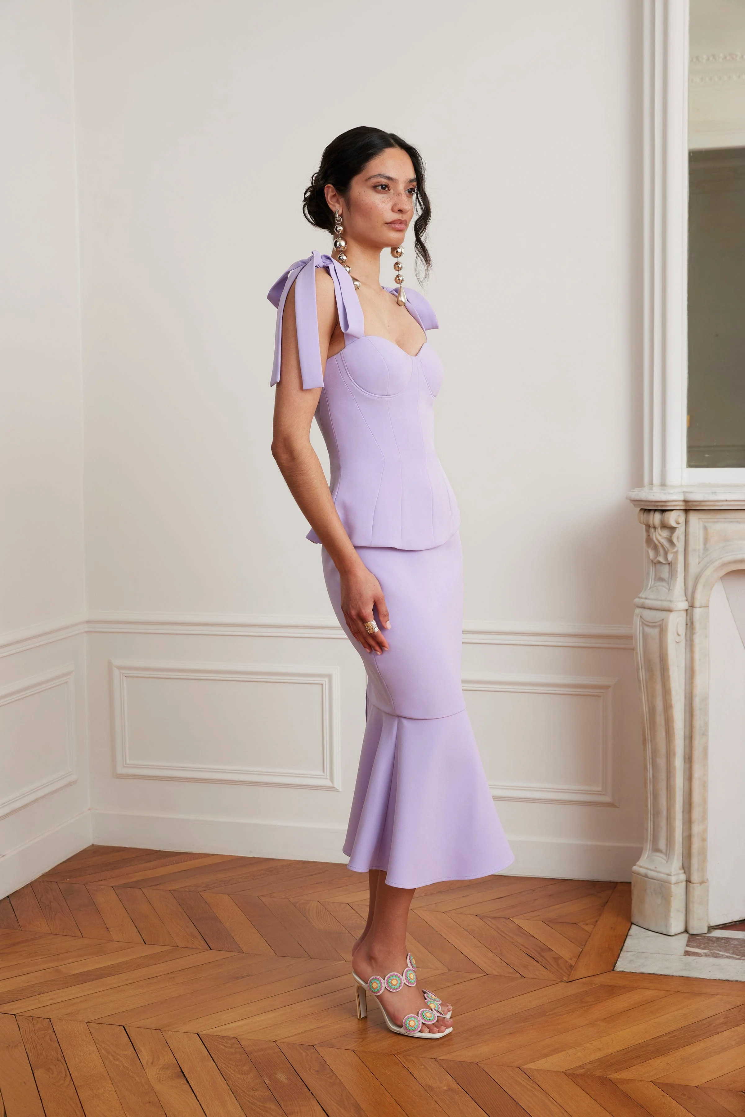 LEONA Tie Shoulder Peplum Fishtail Midi Dress In Lilac - Image 2