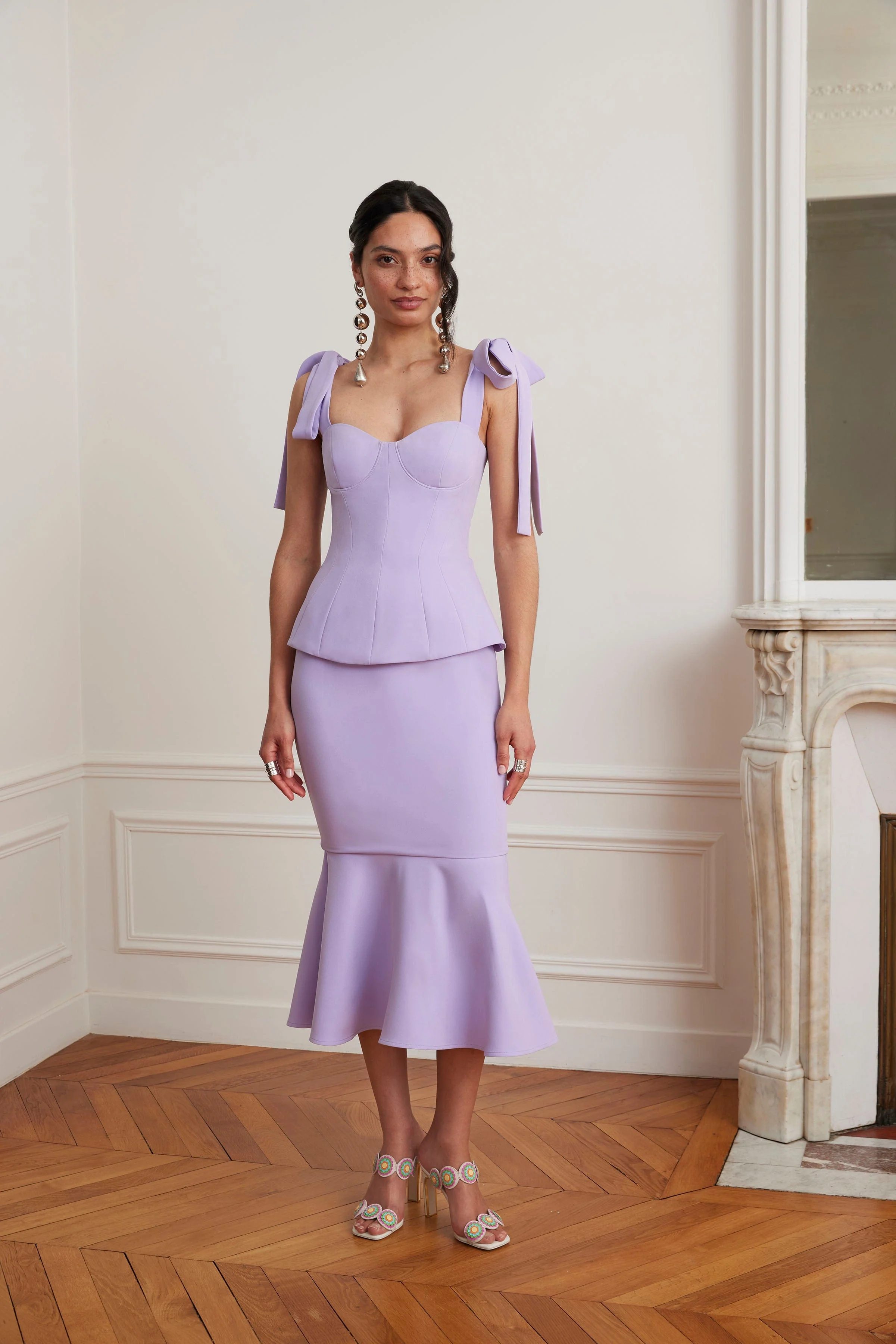 LEONA Tie Shoulder Peplum Fishtail Midi Dress In Lilac - Image 3