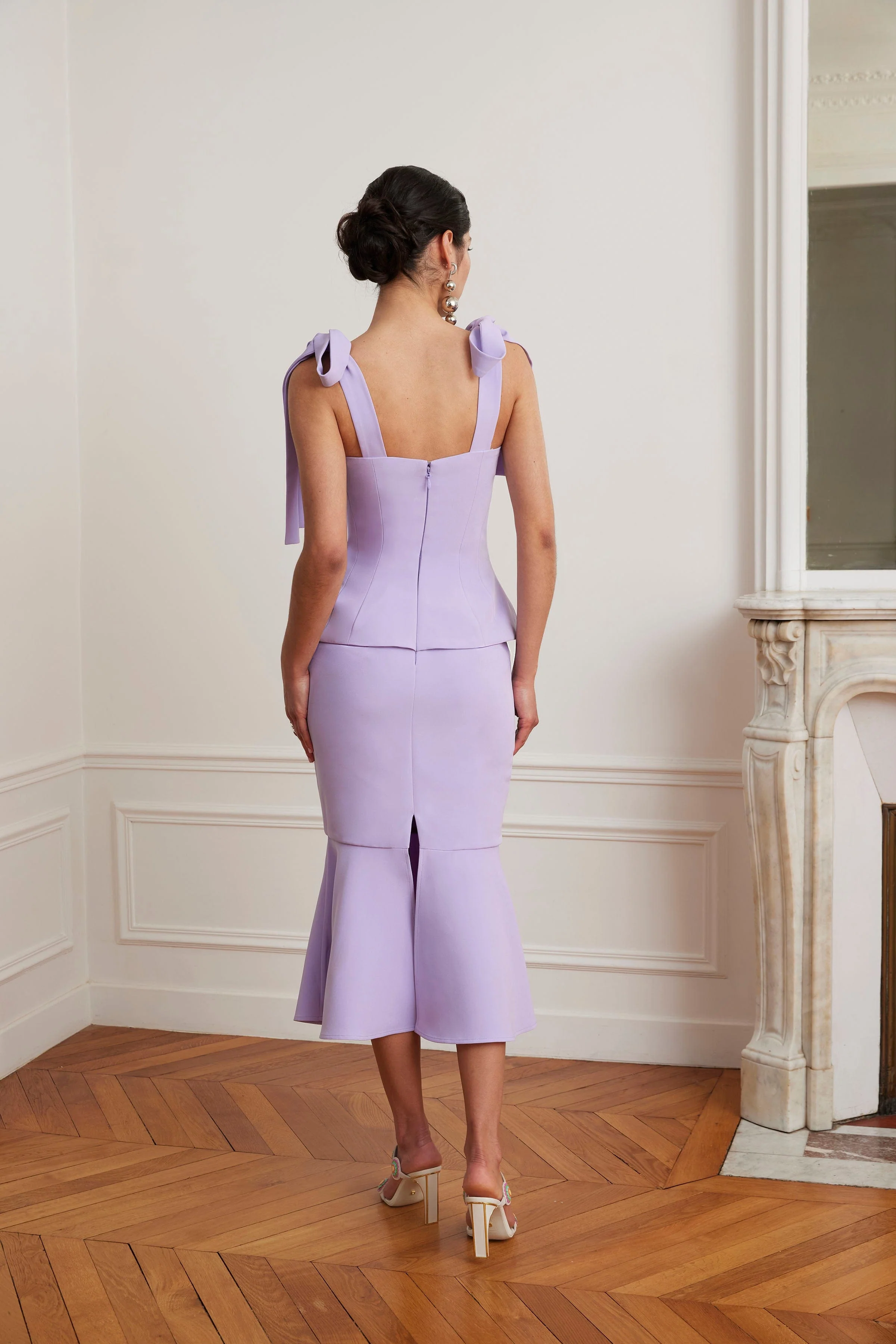 LEONA Tie Shoulder Peplum Fishtail Midi Dress In Lilac - Image 5