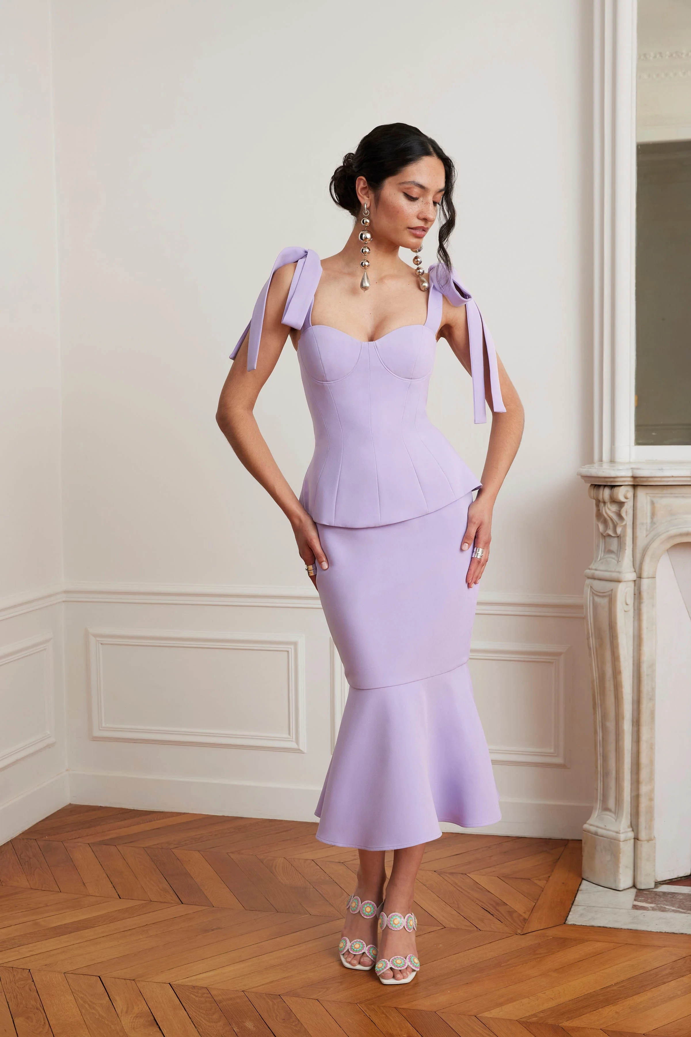 LEONA Tie Shoulder Peplum Fishtail Midi Dress In Lilac - Image 6