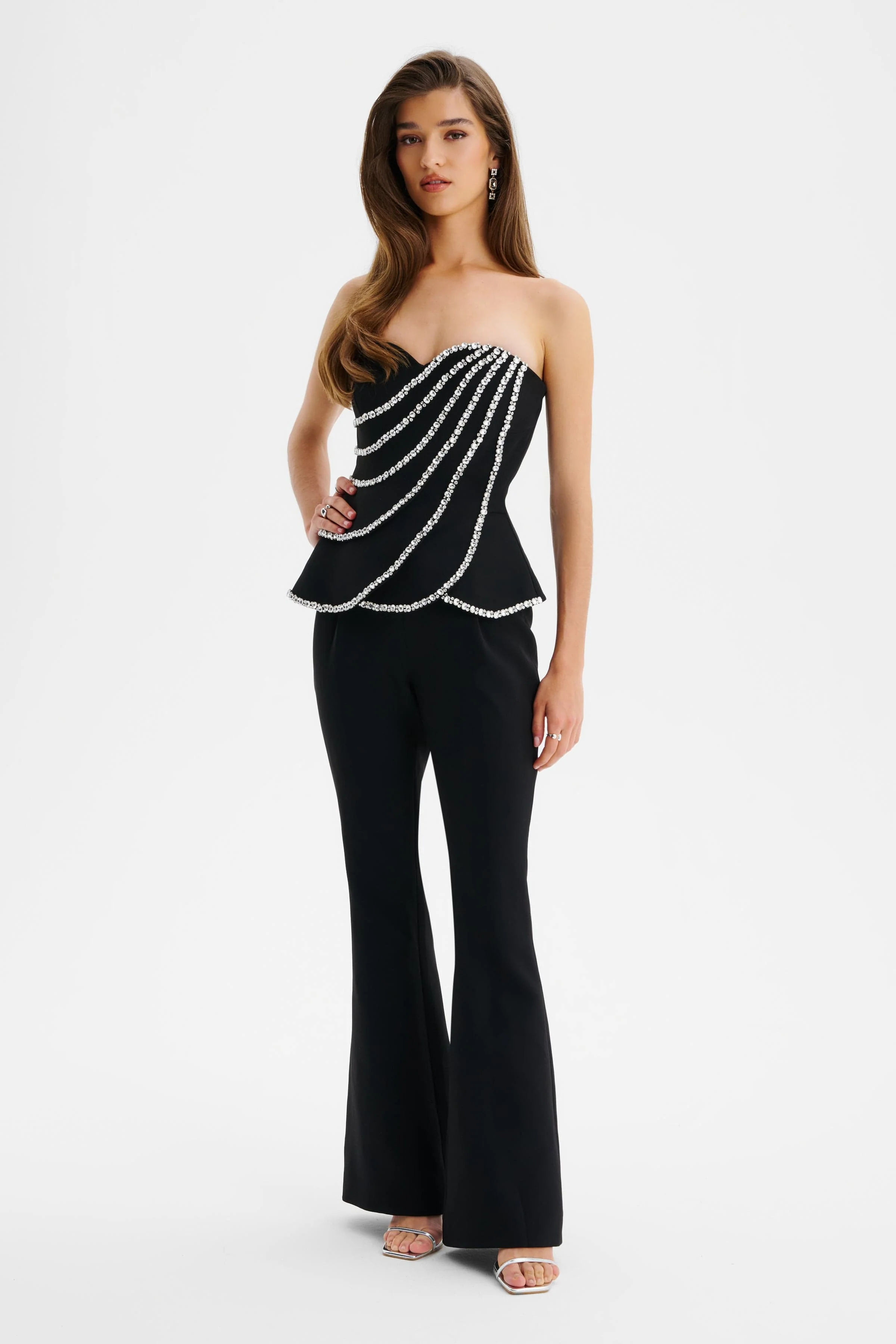LEONORA Diamante Embellished Scallop Peplum Jumpsuit In Black - Image 2