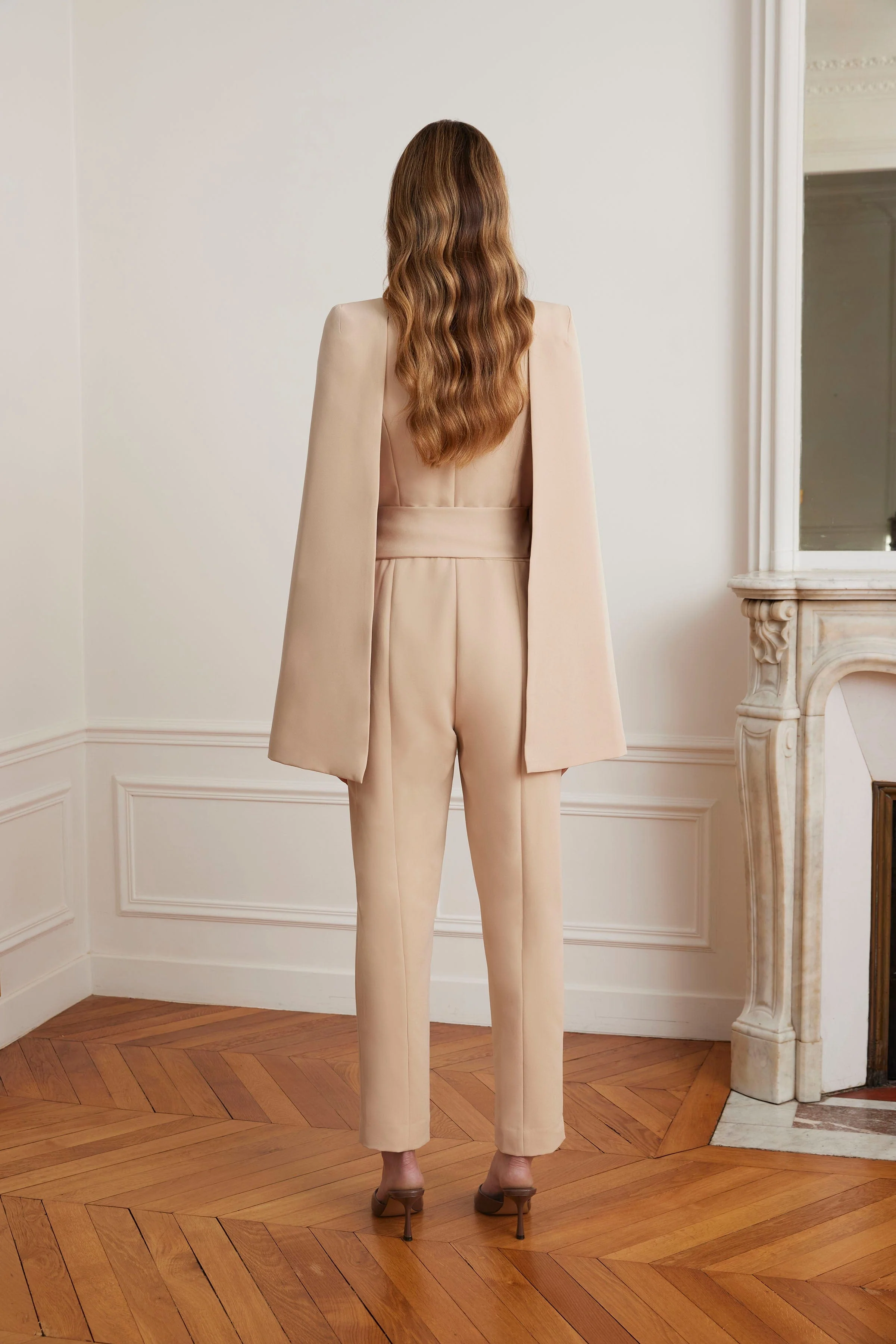 LILIA Cape Sleeve Self Wrap Tailored Jumpsuit In Sand - Image 3