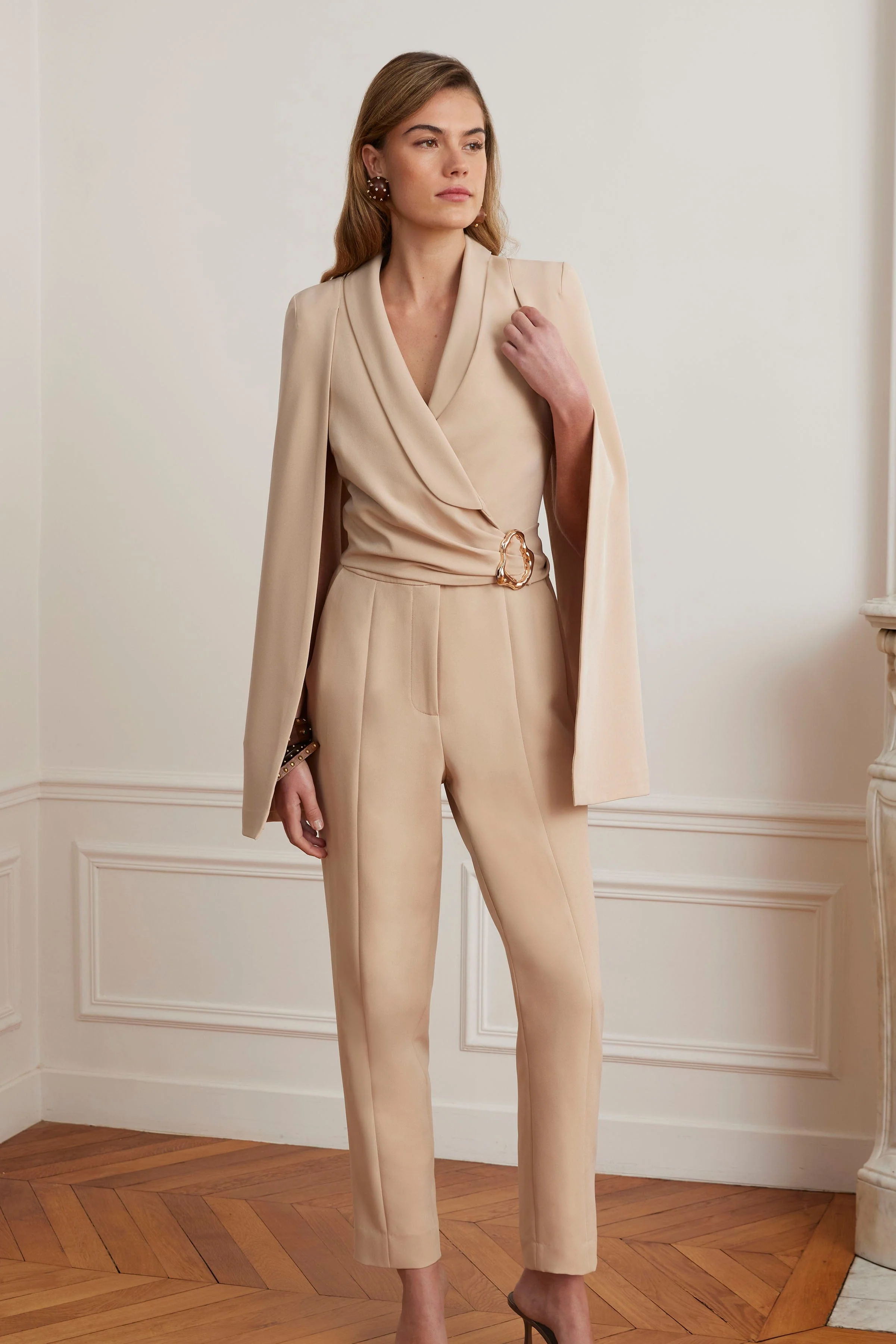 LILIA Cape Sleeve Self Wrap Tailored Jumpsuit In Sand - Image 4