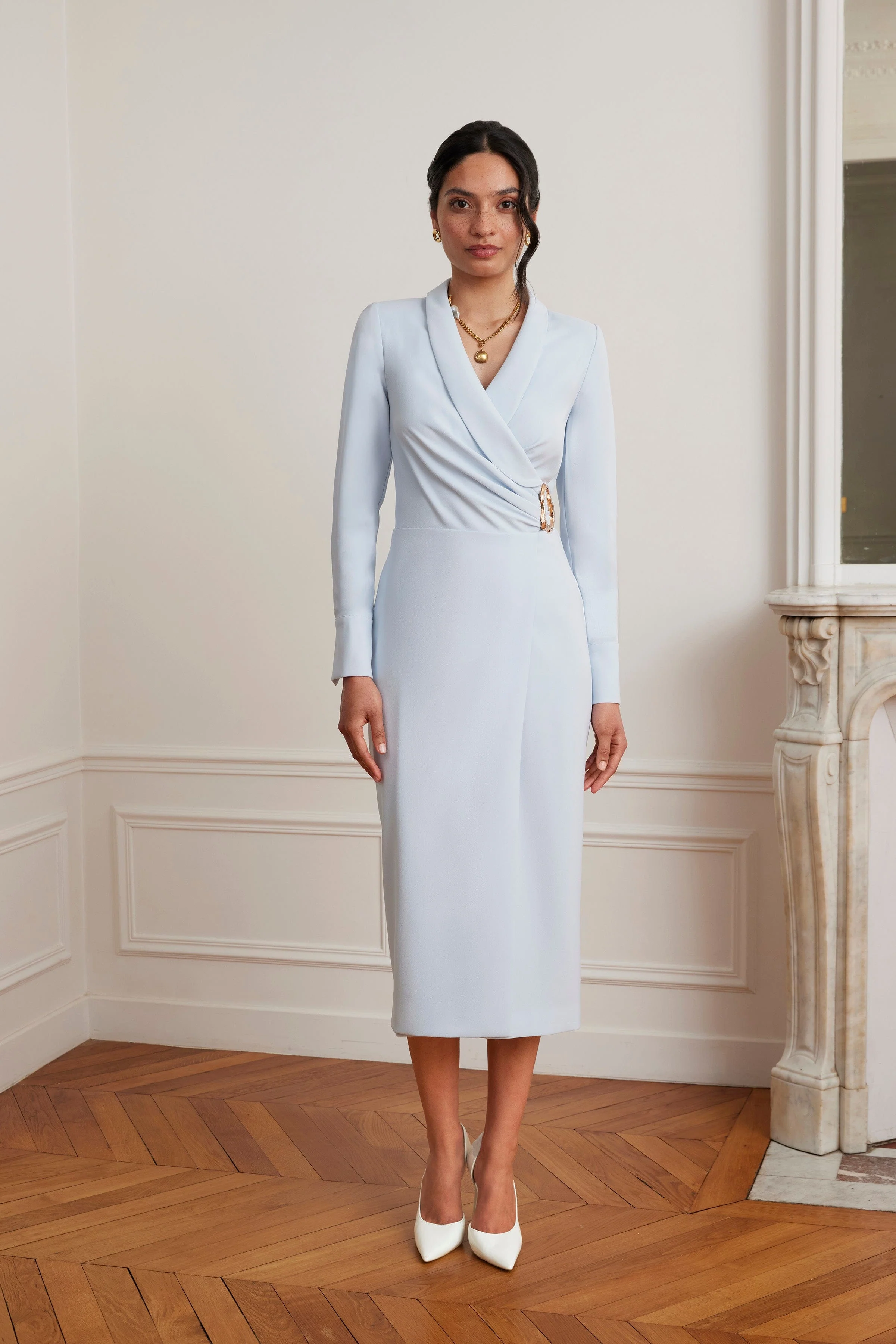 LILIANNE True Wrap Shirt Midi Dress With Gold Hardware In Powder Blue - Image 2