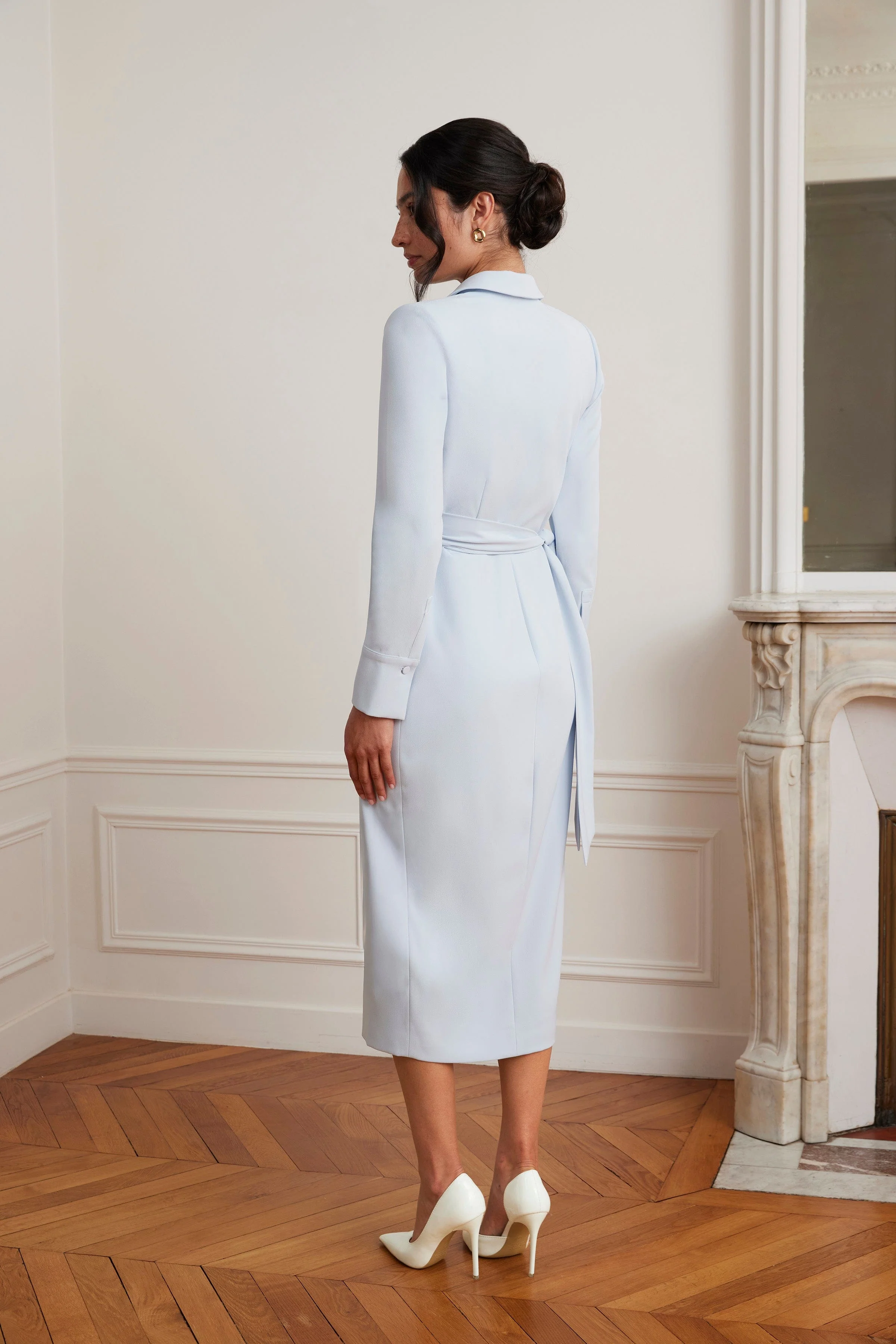 LILIANNE True Wrap Shirt Midi Dress With Gold Hardware In Powder Blue - Image 4