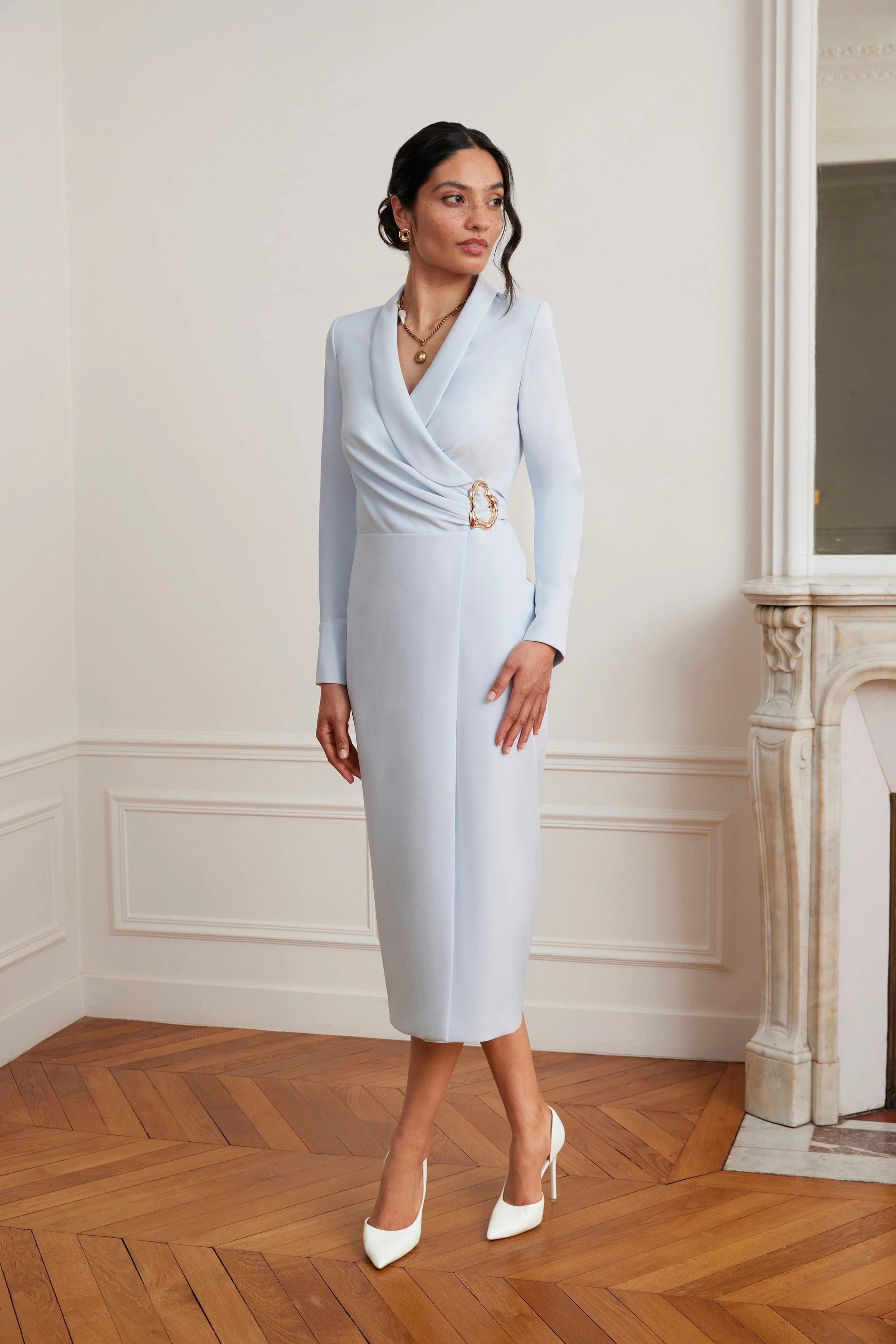 LILIANNE True Wrap Shirt Midi Dress With Gold Hardware In Powder Blue - Image 7