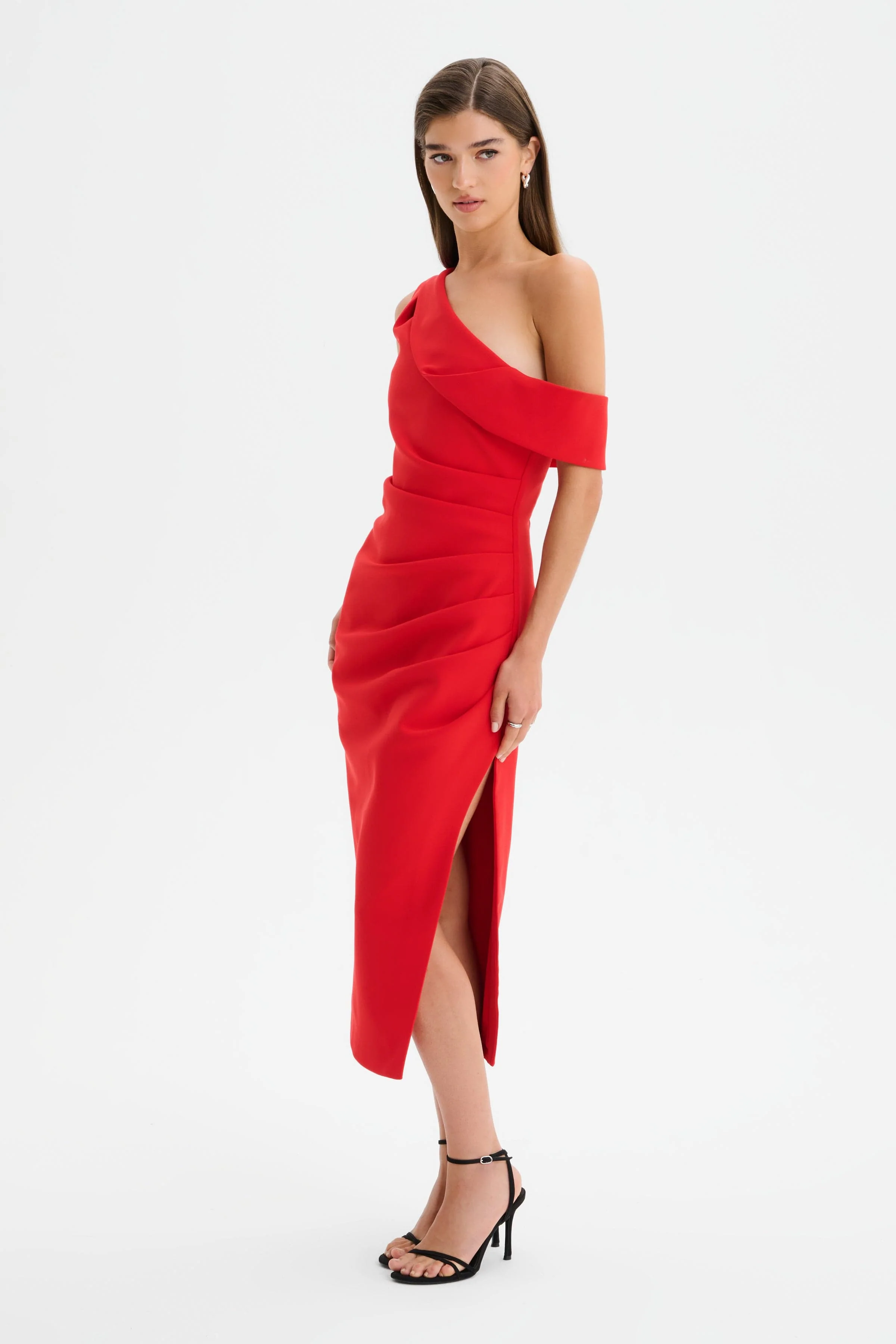 LINA One Shoulder Pleated Midi Dress in Red - Image 2