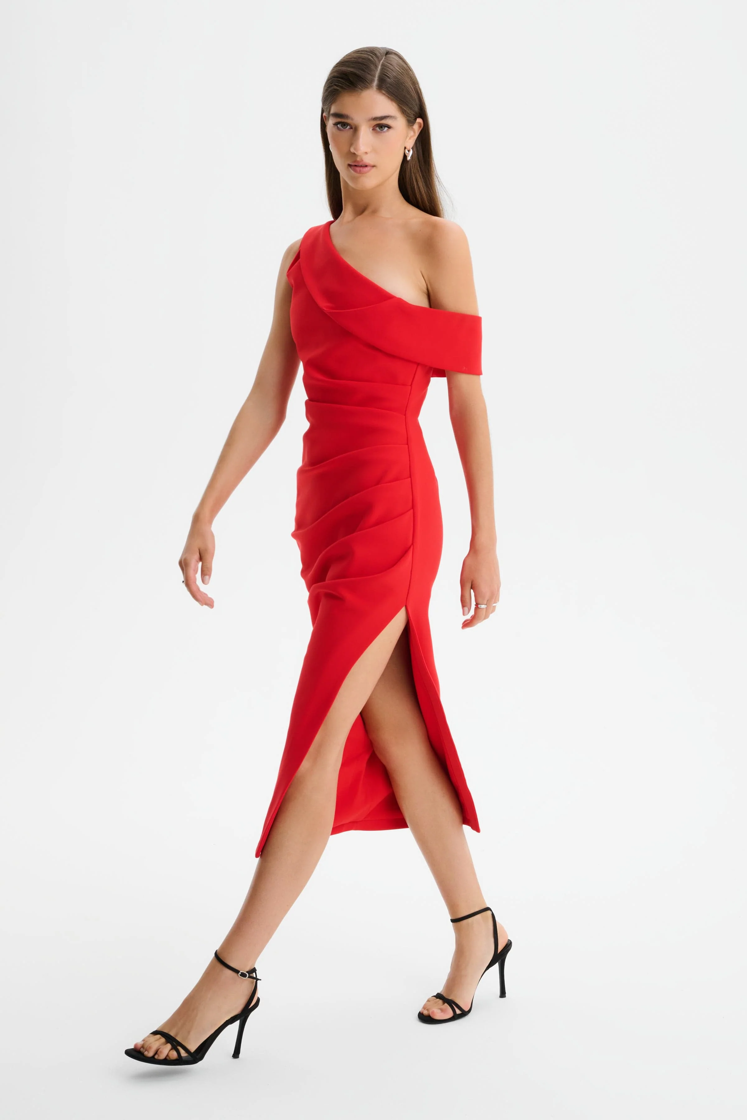 LINA One Shoulder Pleated Midi Dress in Red - Image 3