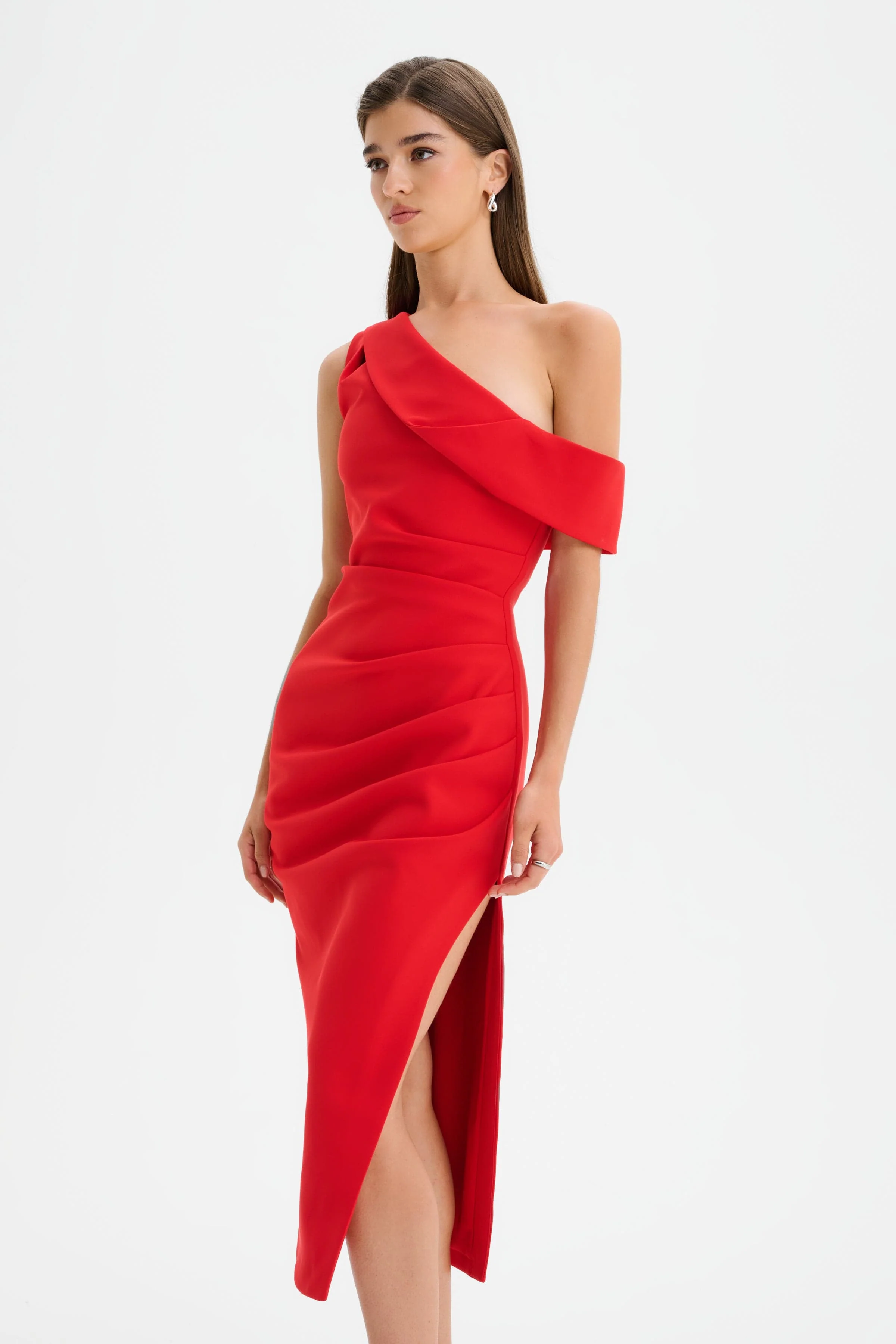 LINA One Shoulder Pleated Midi Dress in Red - Image 4
