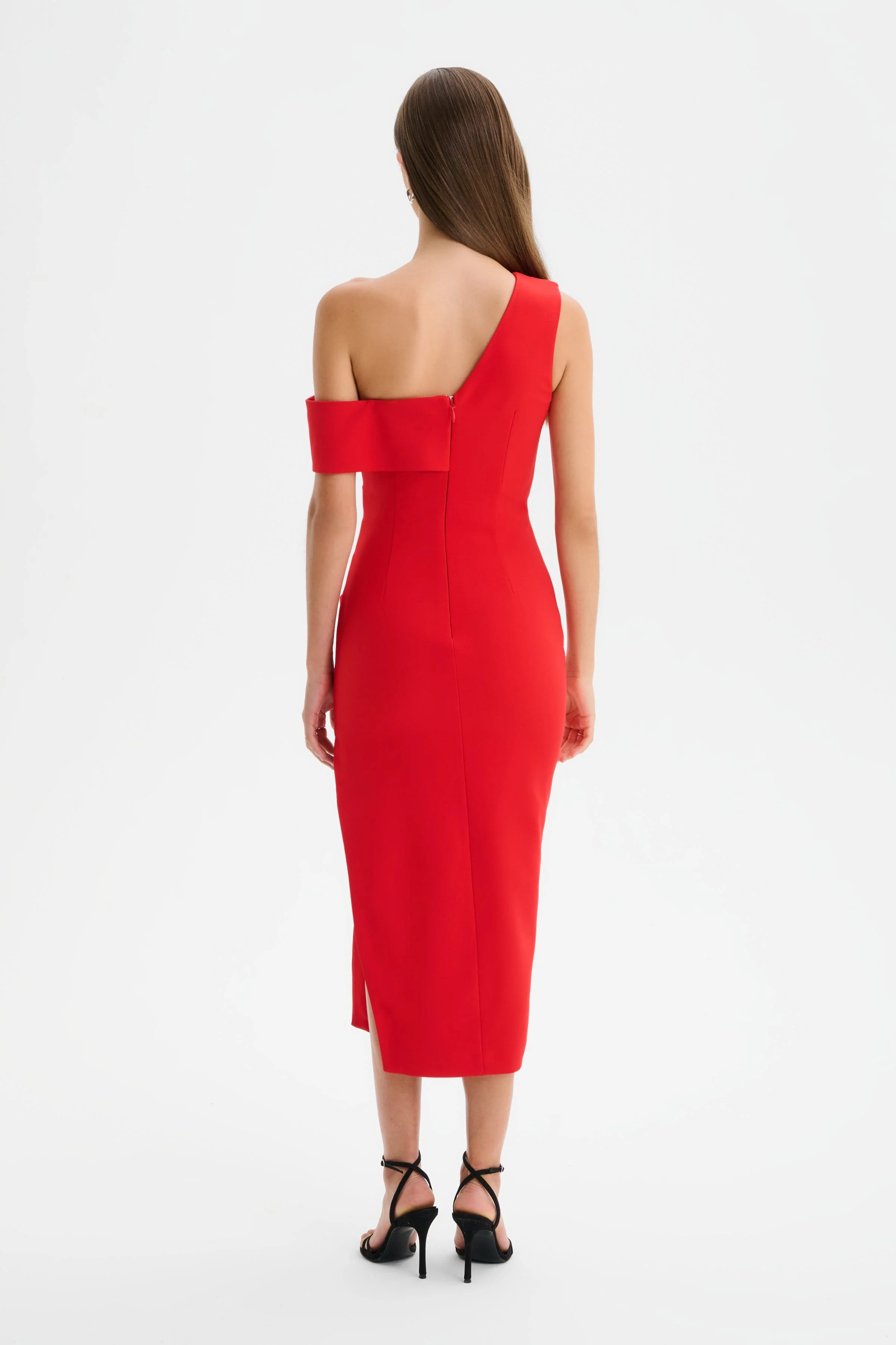 LINA One Shoulder Pleated Midi Dress in Red - Image 6