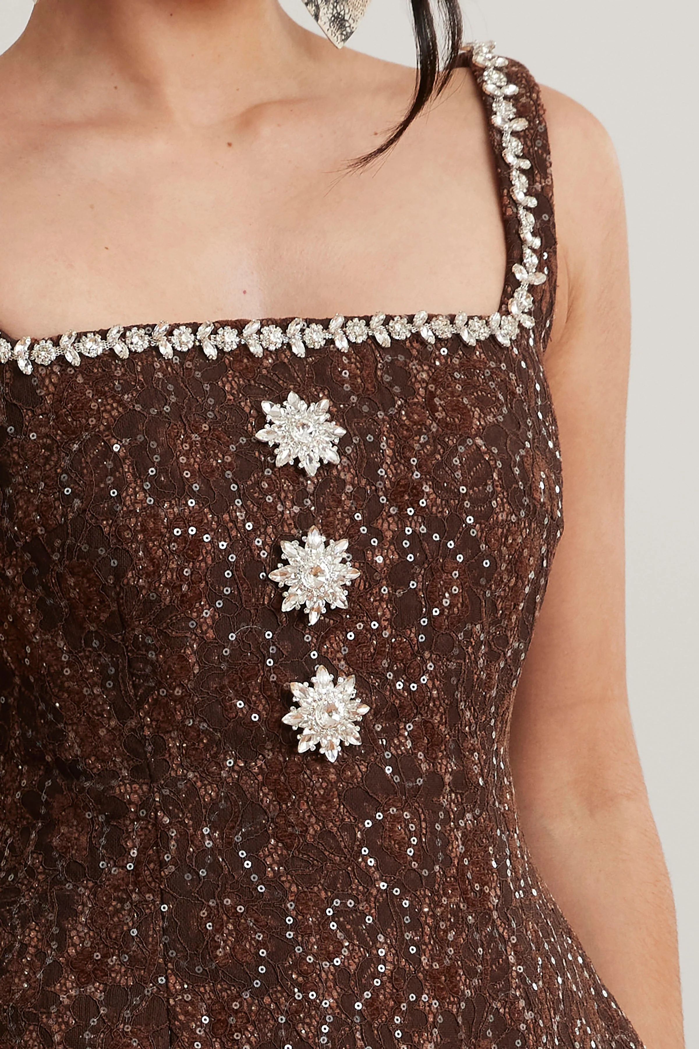ZOEY Embellished Lace Boucle Tulip Mini Dress in Chocolate - Image 3