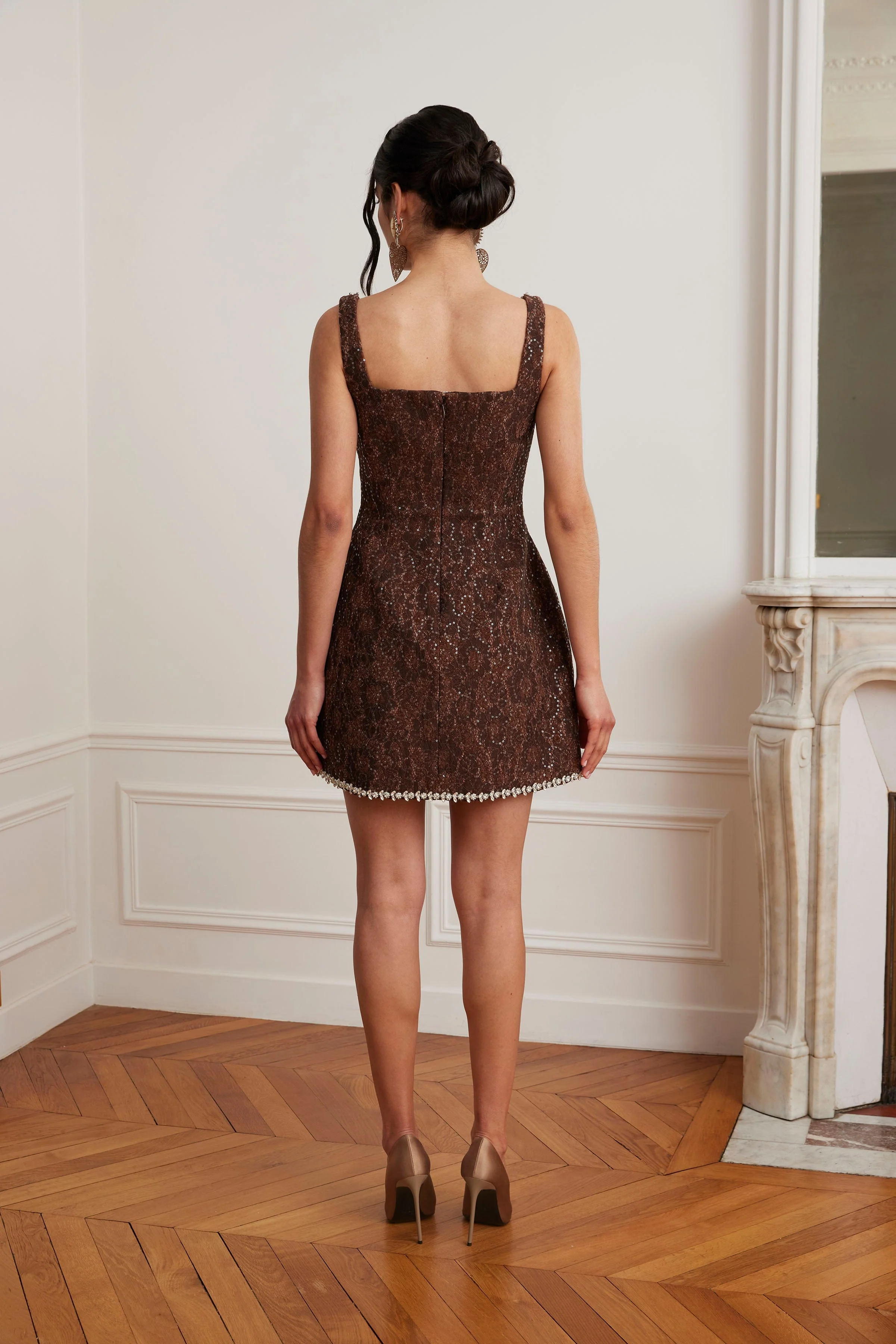 ZOEY Embellished Lace Boucle Tulip Mini Dress in Chocolate - Image 6