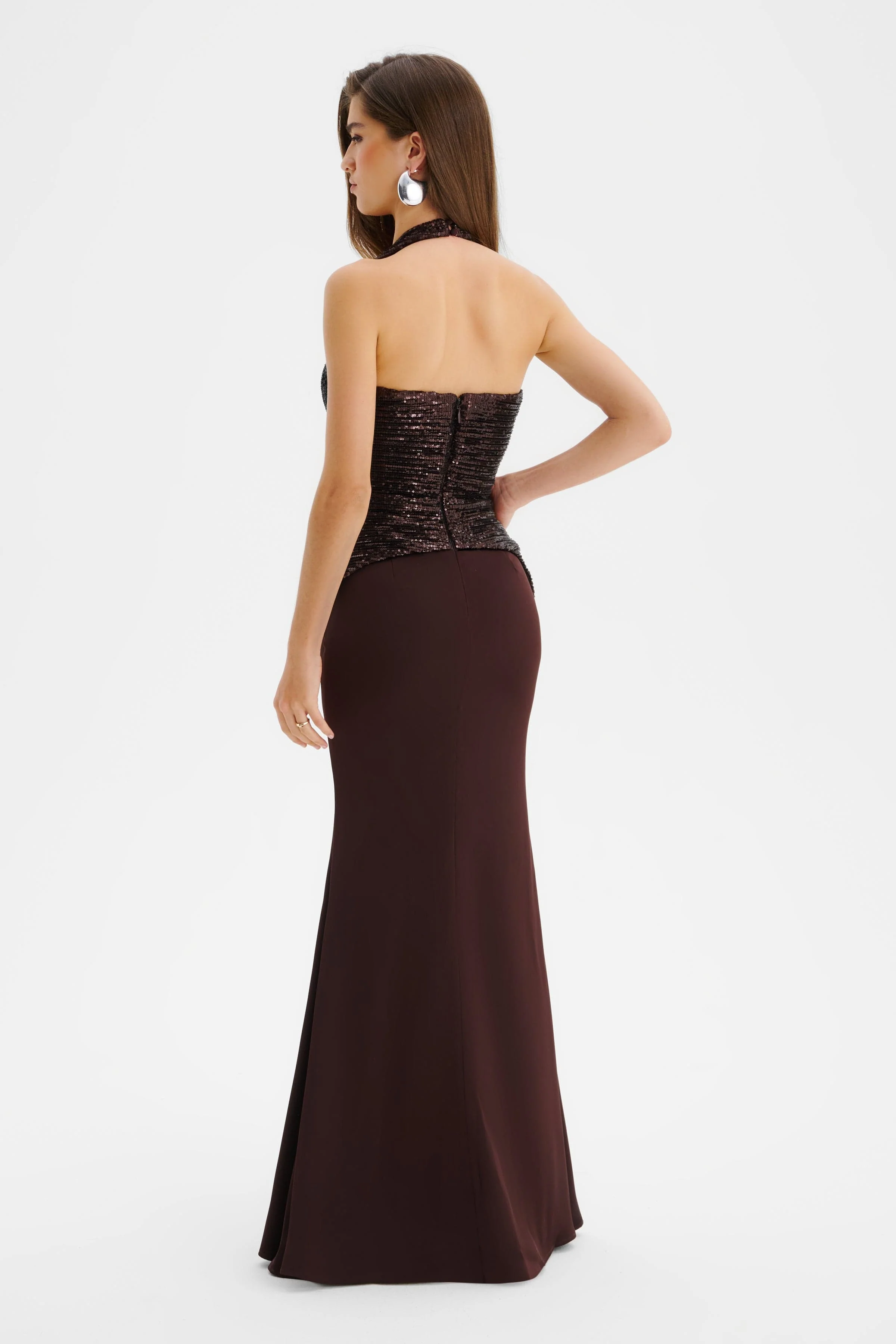 LUCIENNE Pleated Sequin Hourglass Corset Maxi Dress In Brown - Image 5