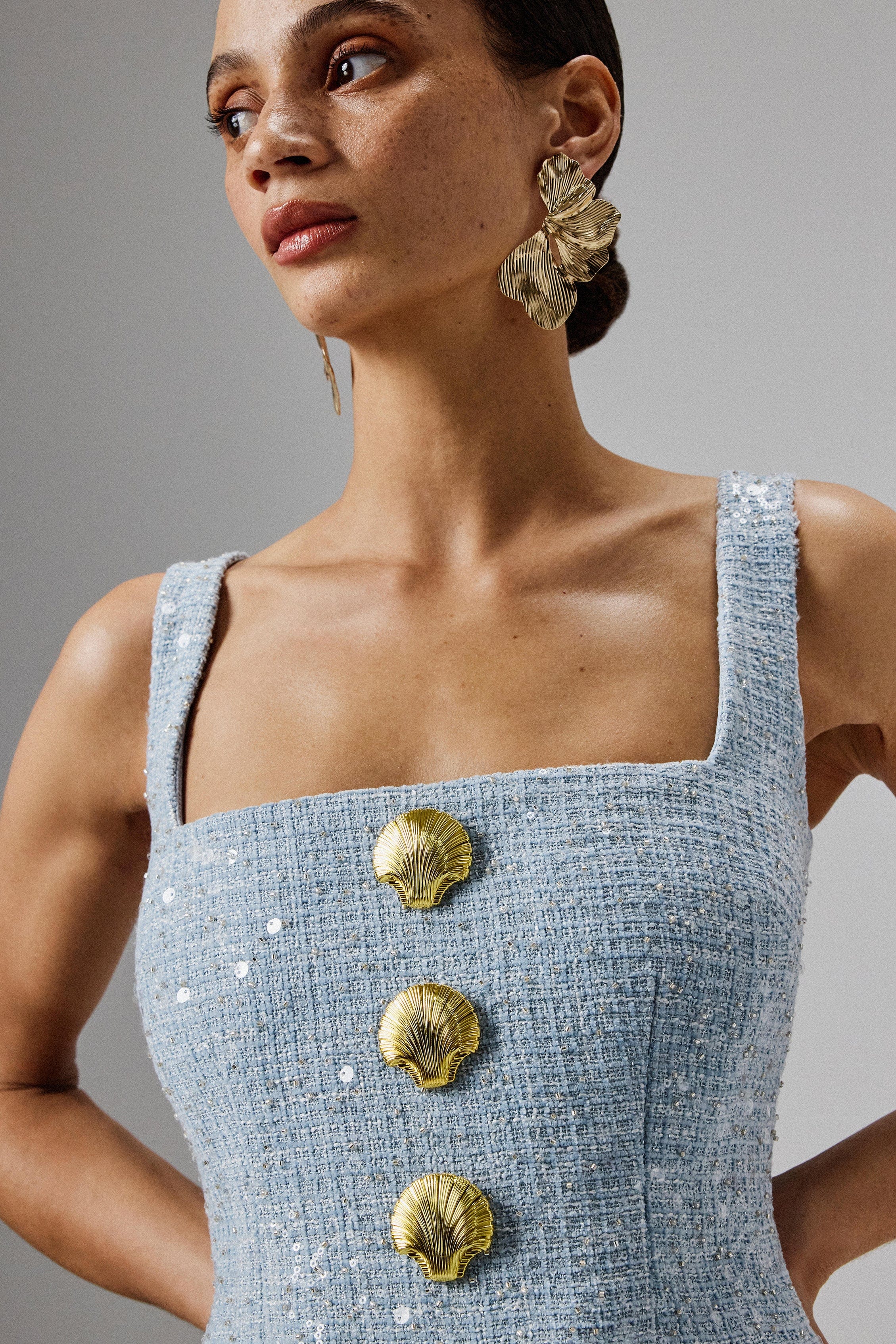 MARIE Square Neck Boucle Midi Dress with Shell Embellishment in Blue - Image 2