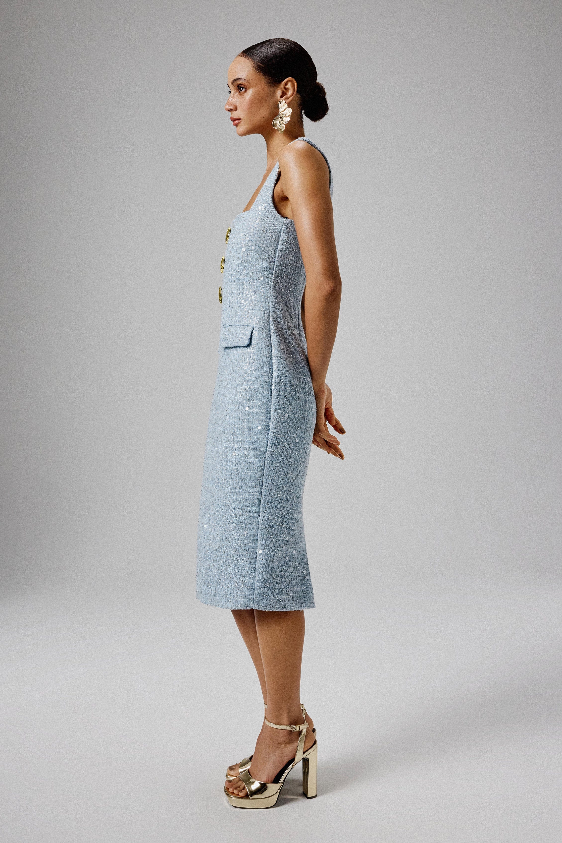 MARIE Square Neck Boucle Midi Dress with Shell Embellishment in Blue - Image 3