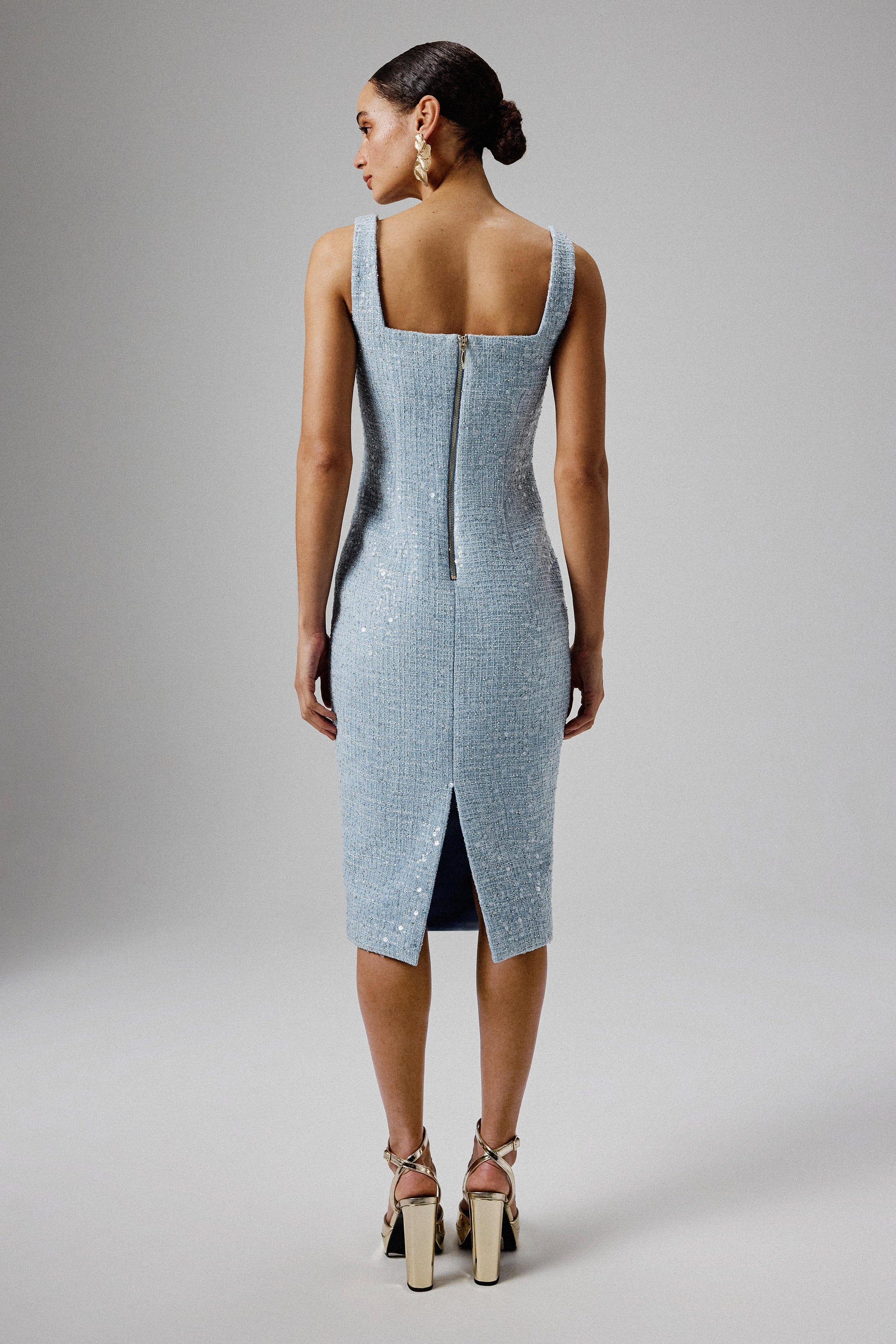 MARIE Square Neck Boucle Midi Dress with Shell Embellishment in Blue - Image 5