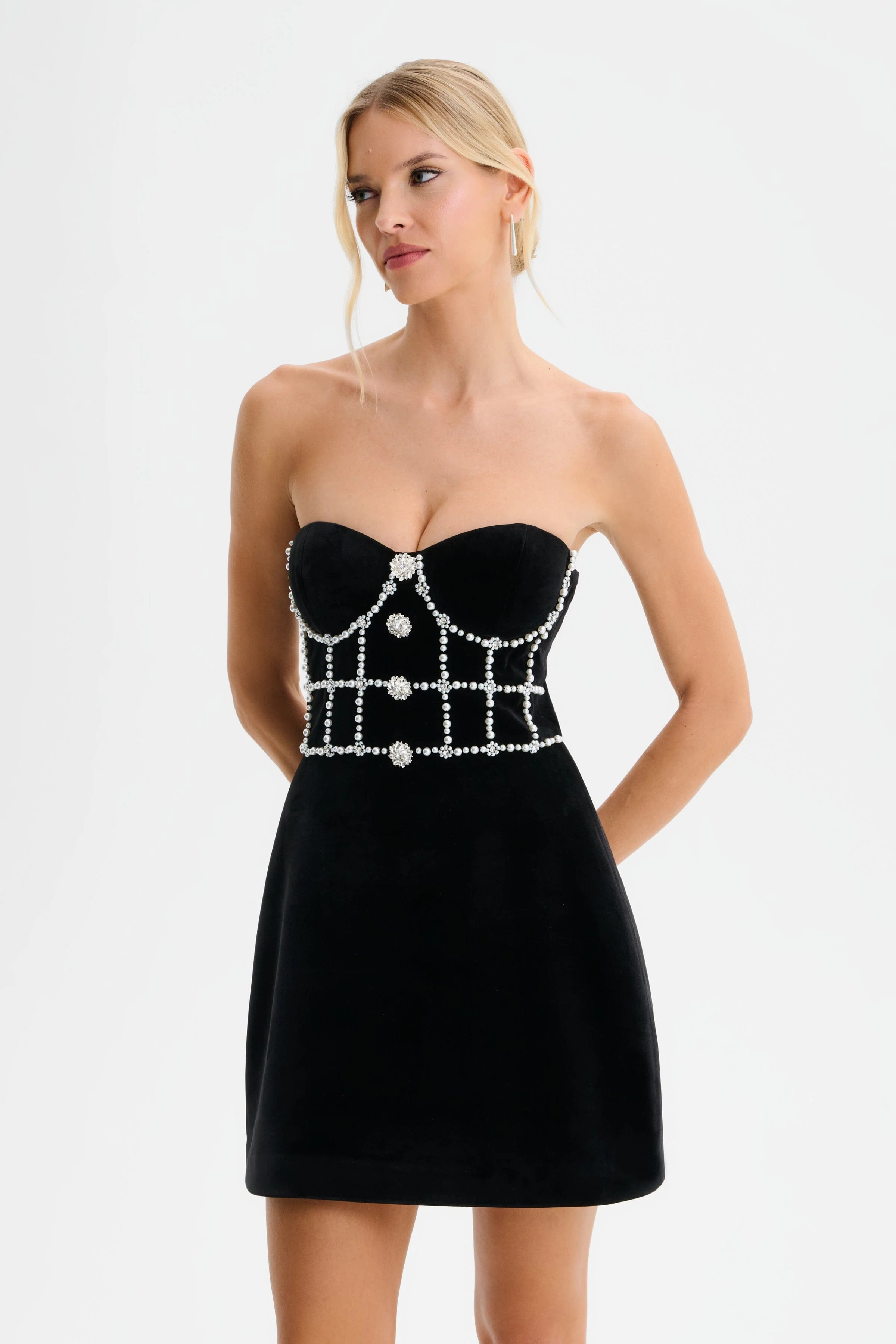 MASIE Pearl Embellished Velvet Tulip Dress in Black - Image 2