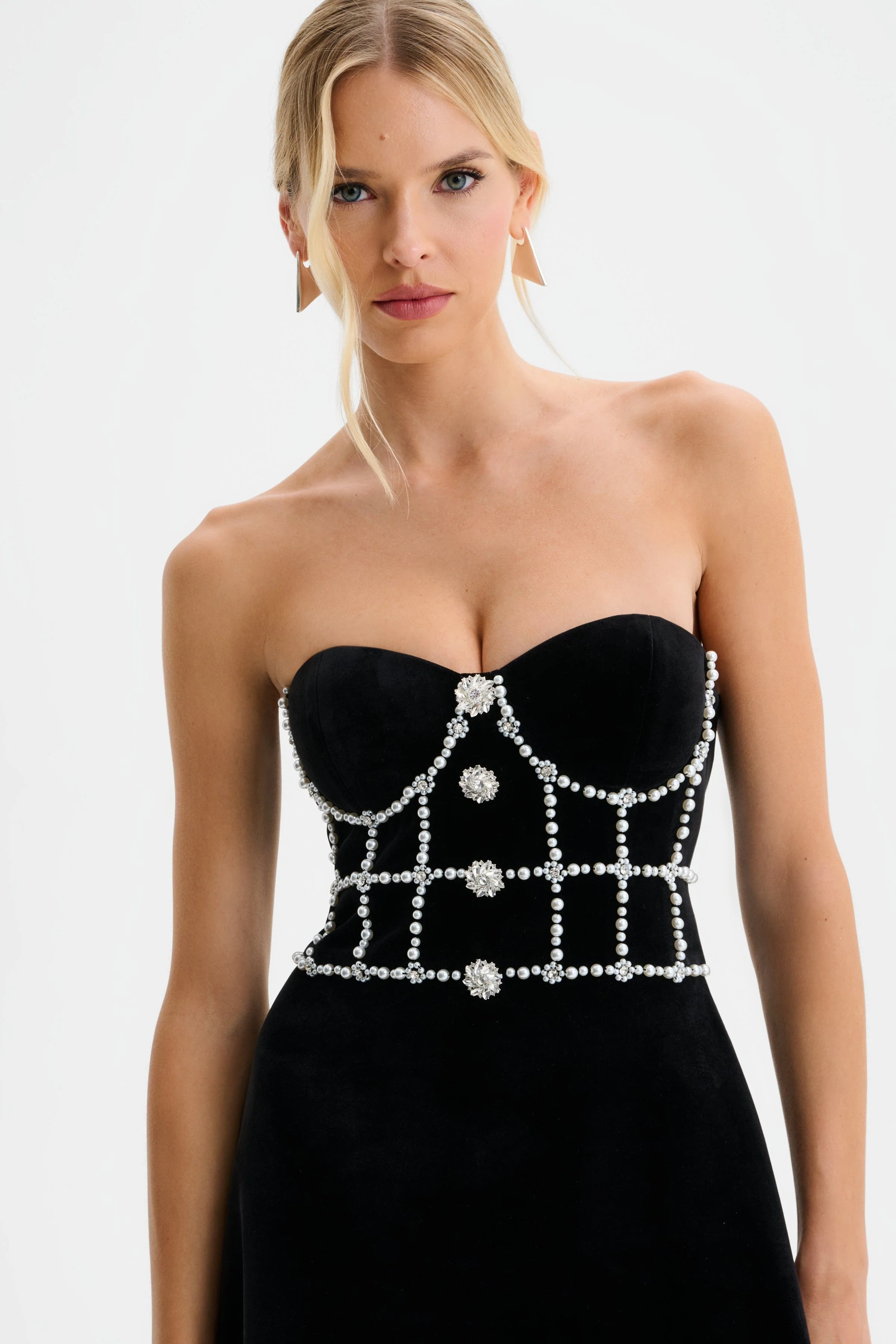 MASIE Pearl Embellished Velvet Tulip Dress in Black - Image 3