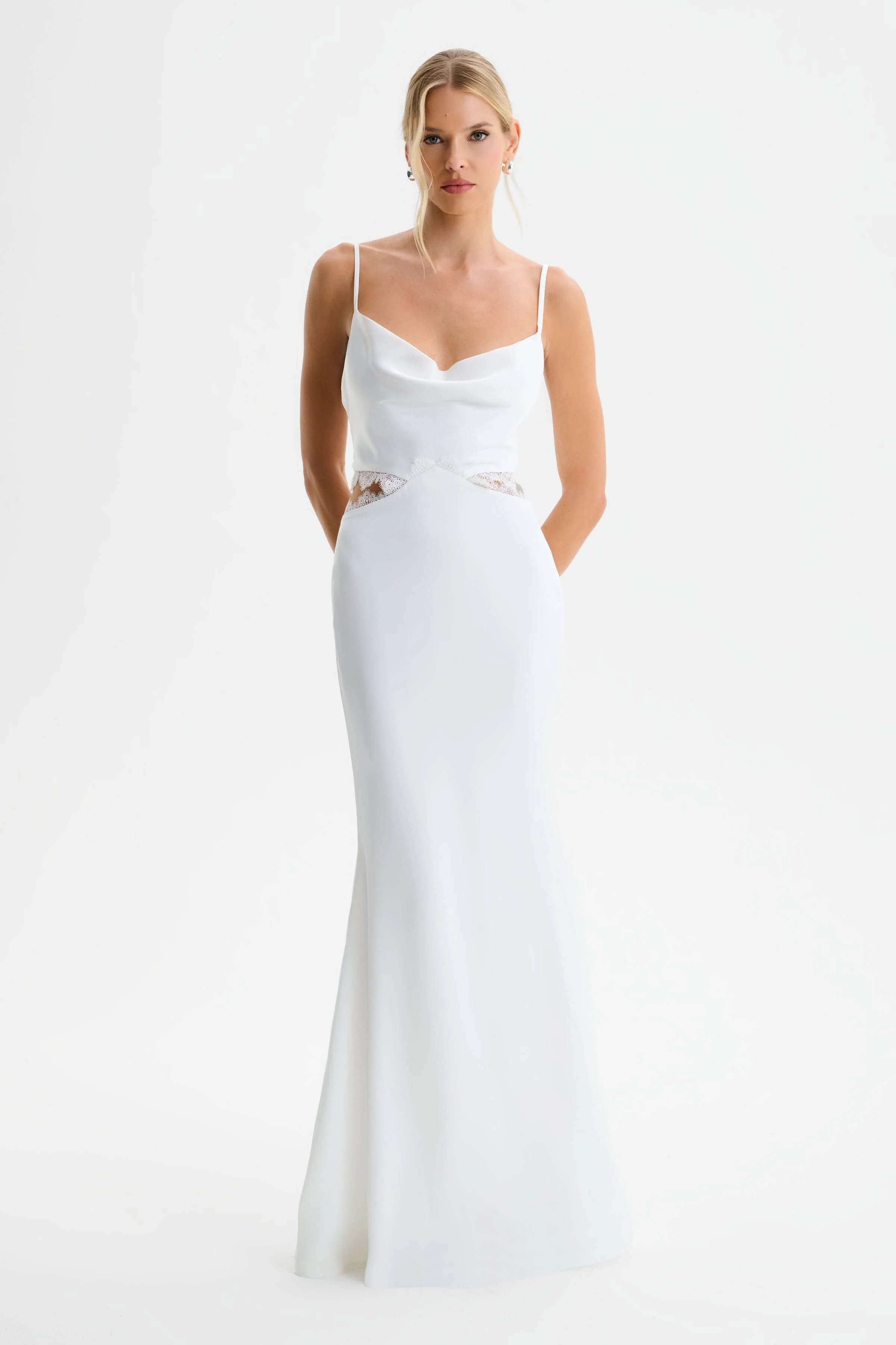 MAY Lace Insert Satin Maxi Dress in White - Image 3